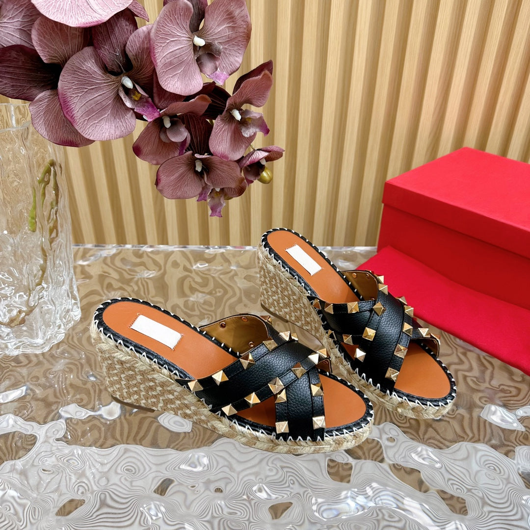 Rockstud Crisscross Espadrilles 80mm Sandal Wedges Black