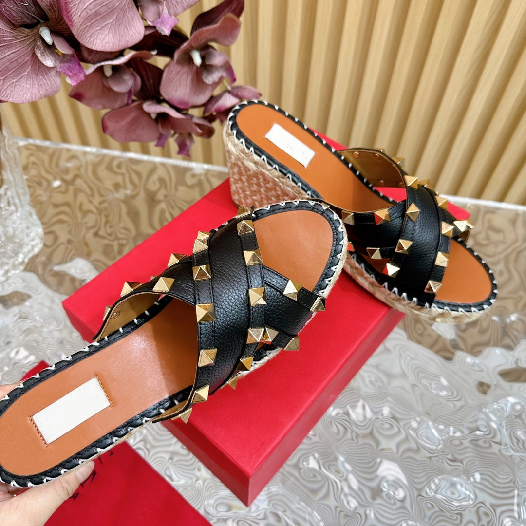 Rockstud Crisscross Espadrilles 80mm Sandal Wedges Black