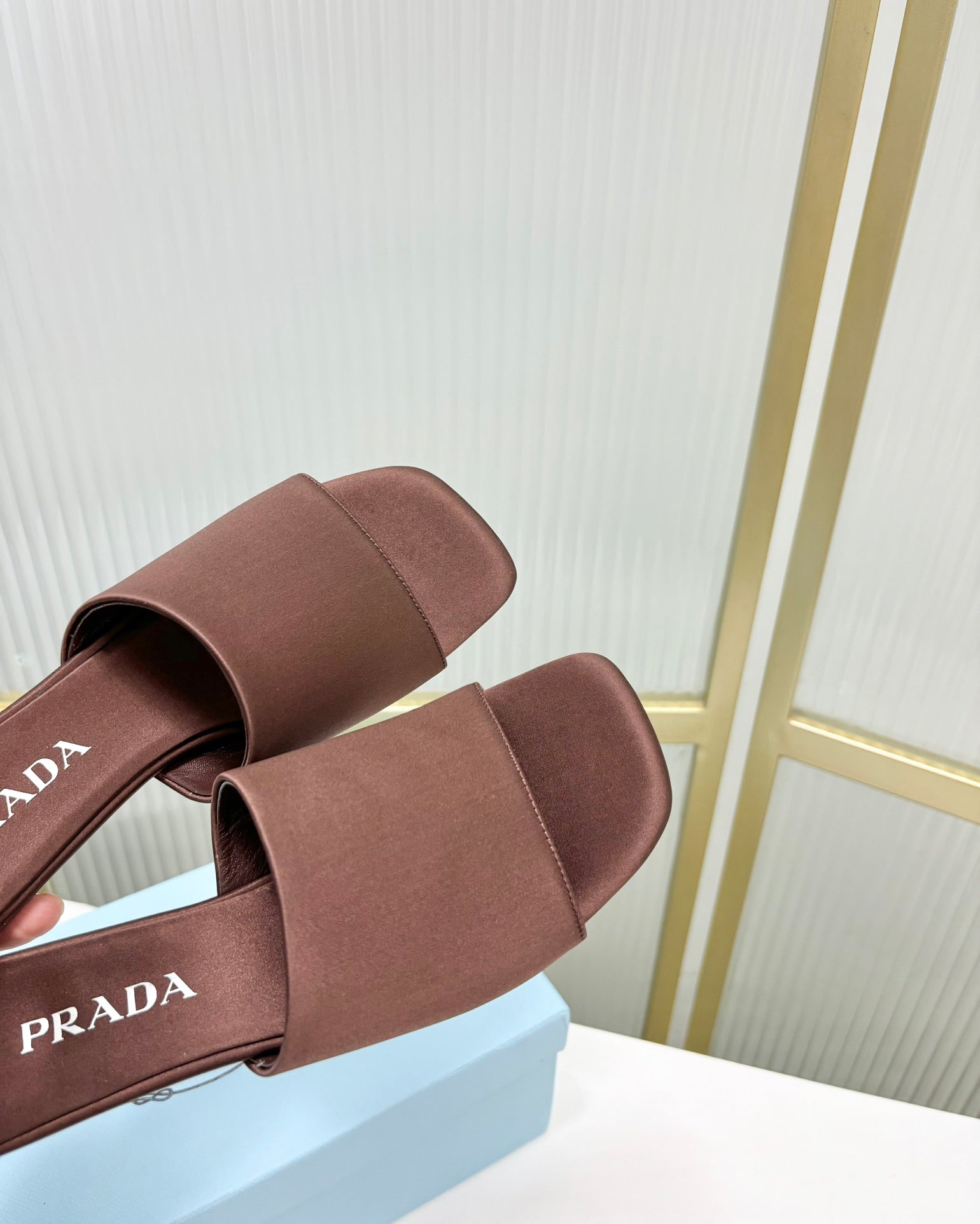 PRA TRIANGLE HEEL SATIN SLIPPERS BROWN