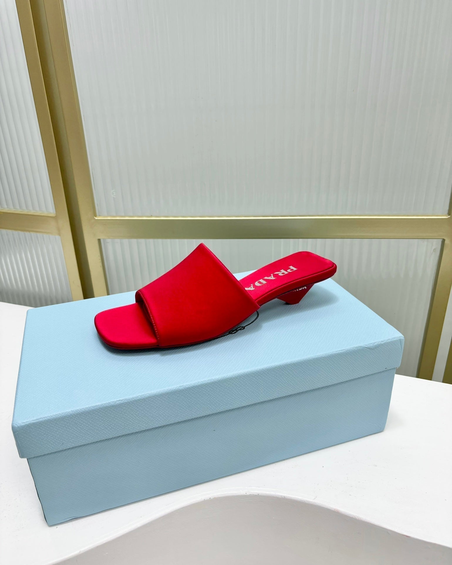 PRA TRIANGLE HEEL SATIN SLIPPERS CRIMSON