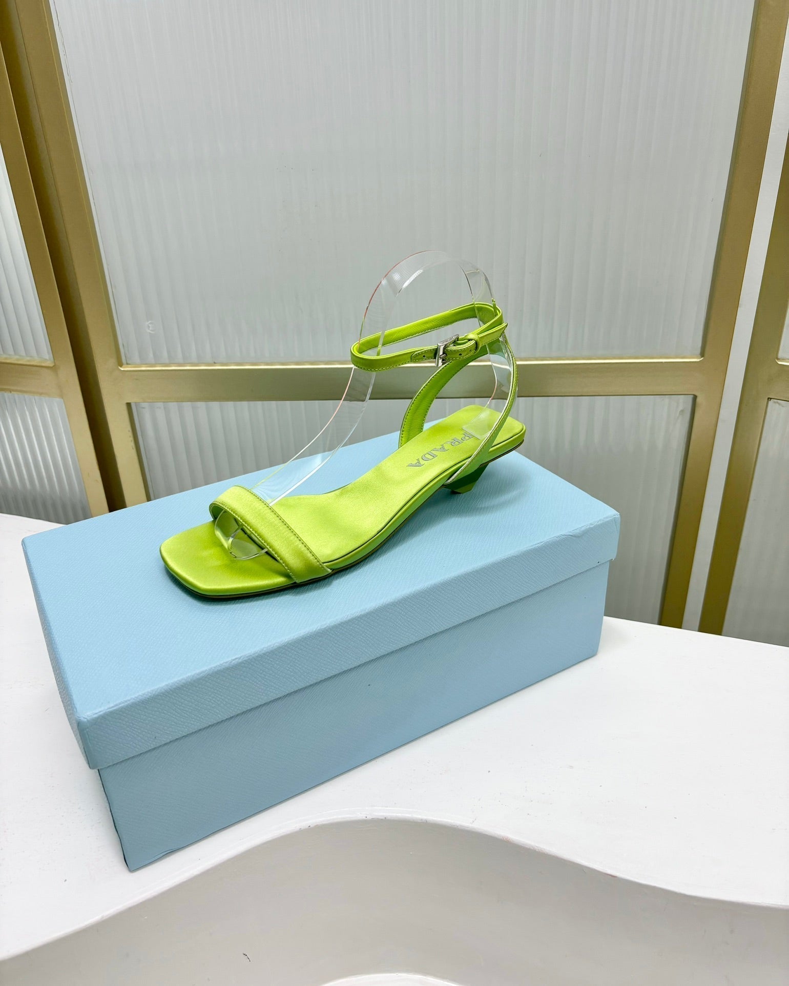 PRA TRIANGLE HEEL SATIN SANDALS CHARTREUSE