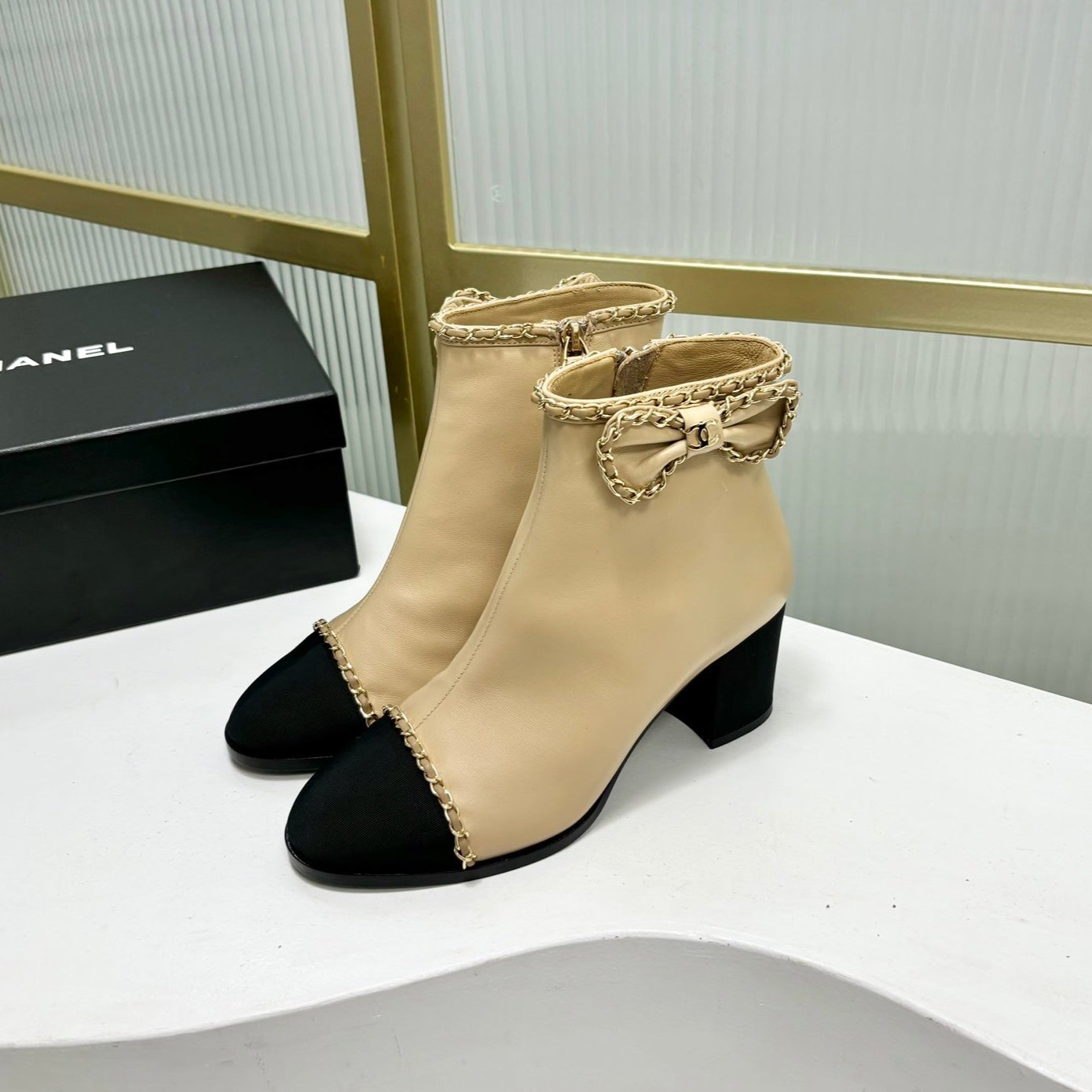CC Ankle Boot 65 Beige Calfkin Black Grosgrain Leather Strap