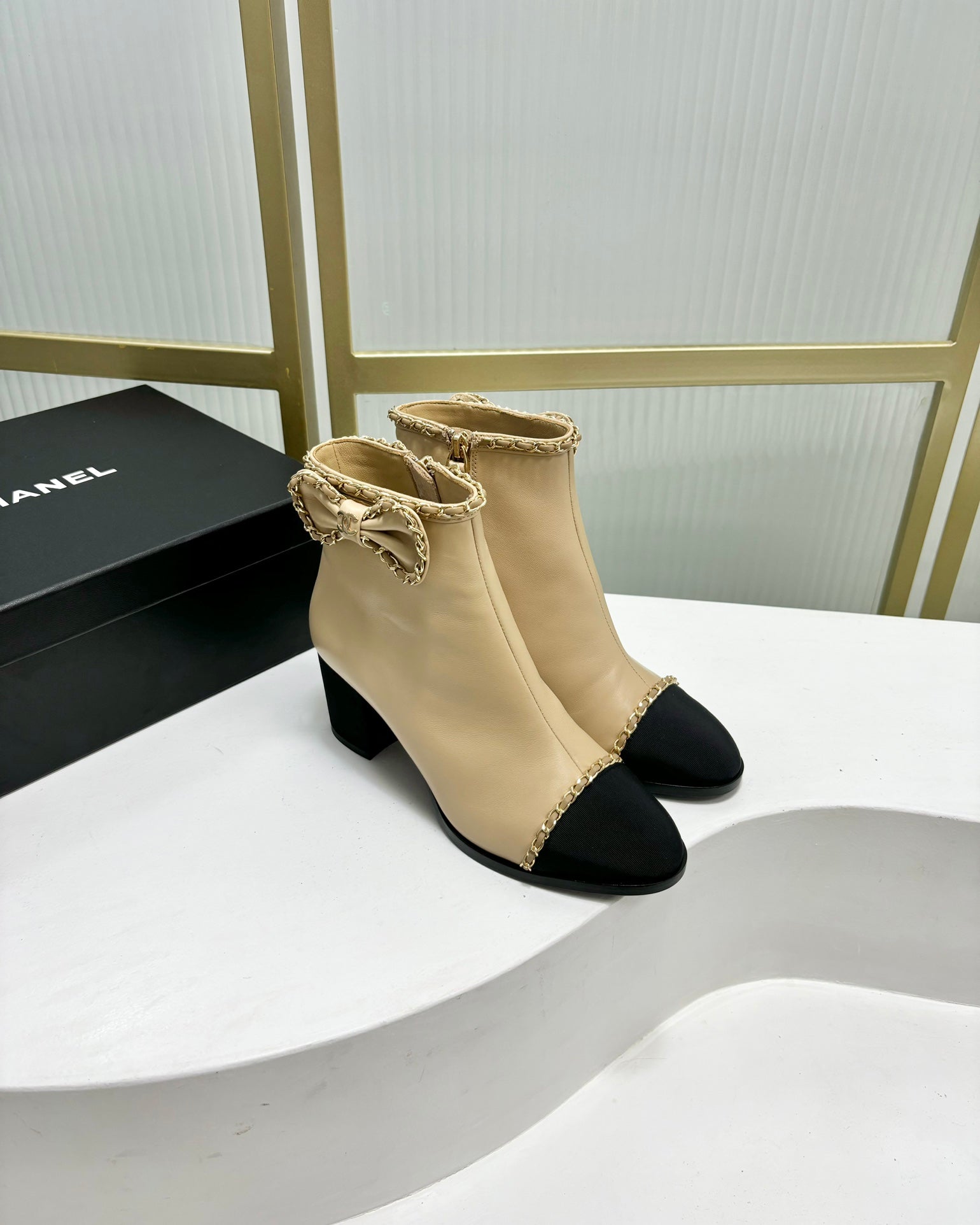 CC Ankle Boot 65 Beige Calfkin Black Grosgrain Leather Strap
