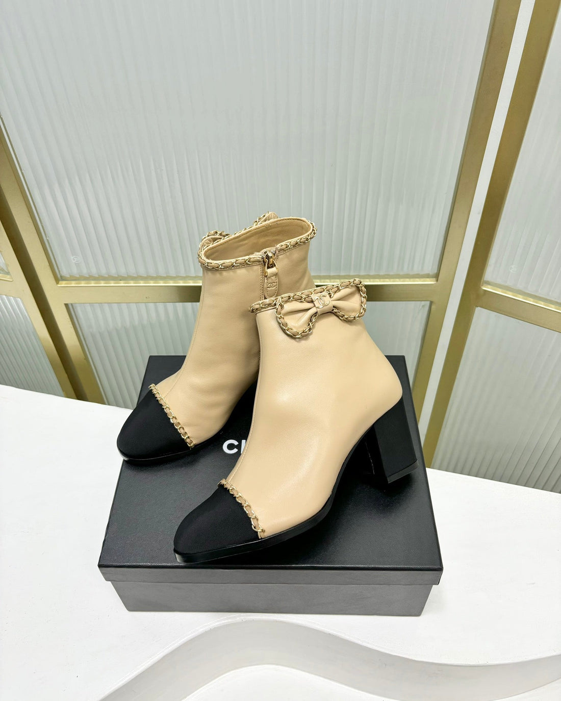 CC Ankle Boot 65 Beige Calfkin Black Grosgrain Leather Strap