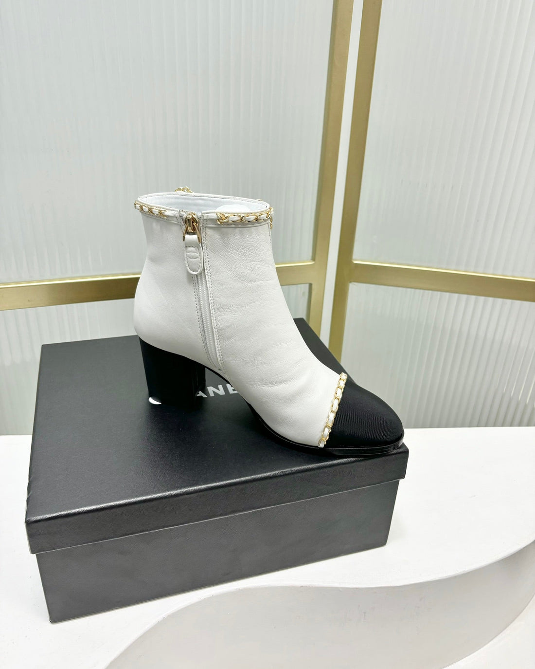 CC Ankle Boot 65 White Calfkin Black Grosgrain Leather Strap