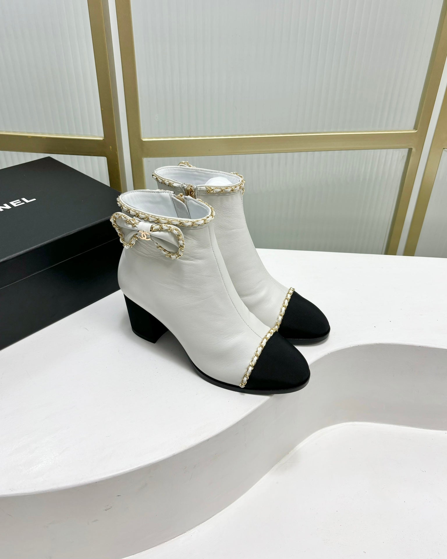CC Ankle Boot 65 White Calfkin Black Grosgrain Leather Strap