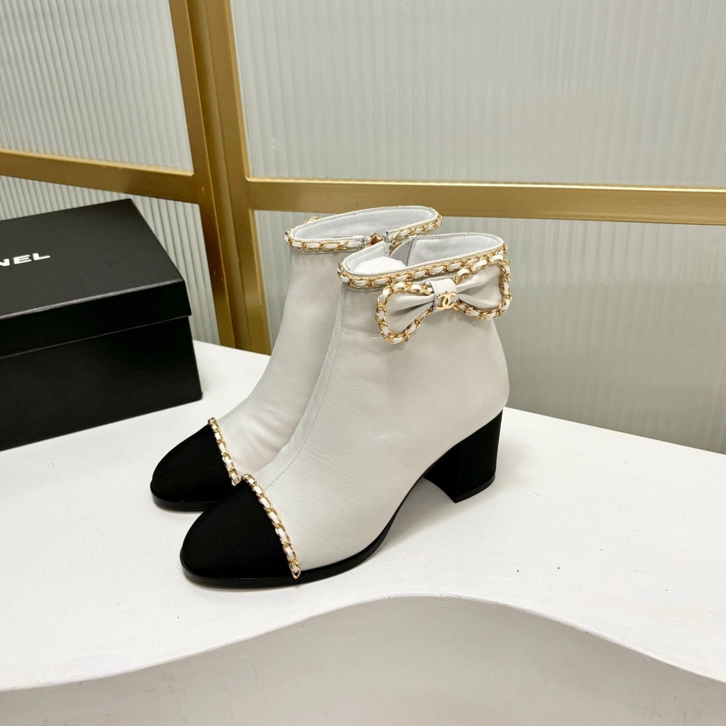 CC Ankle Boot 65 White Calfkin Black Grosgrain Leather Strap