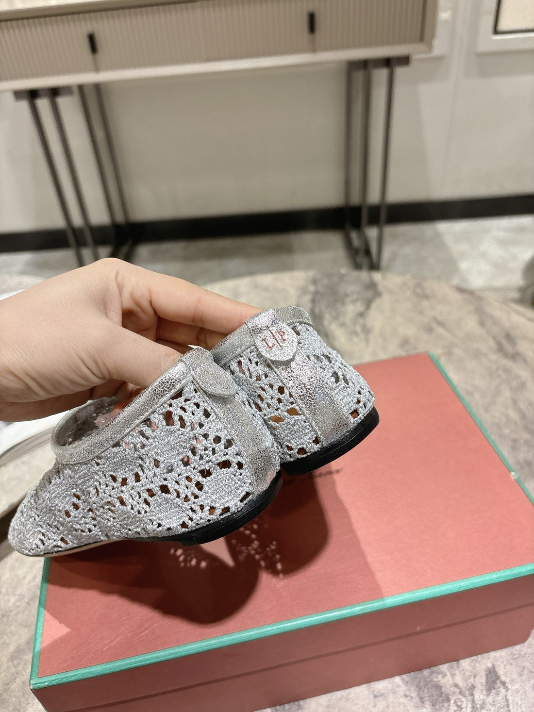 LP hollow knit ballet flats gray fabric 379028