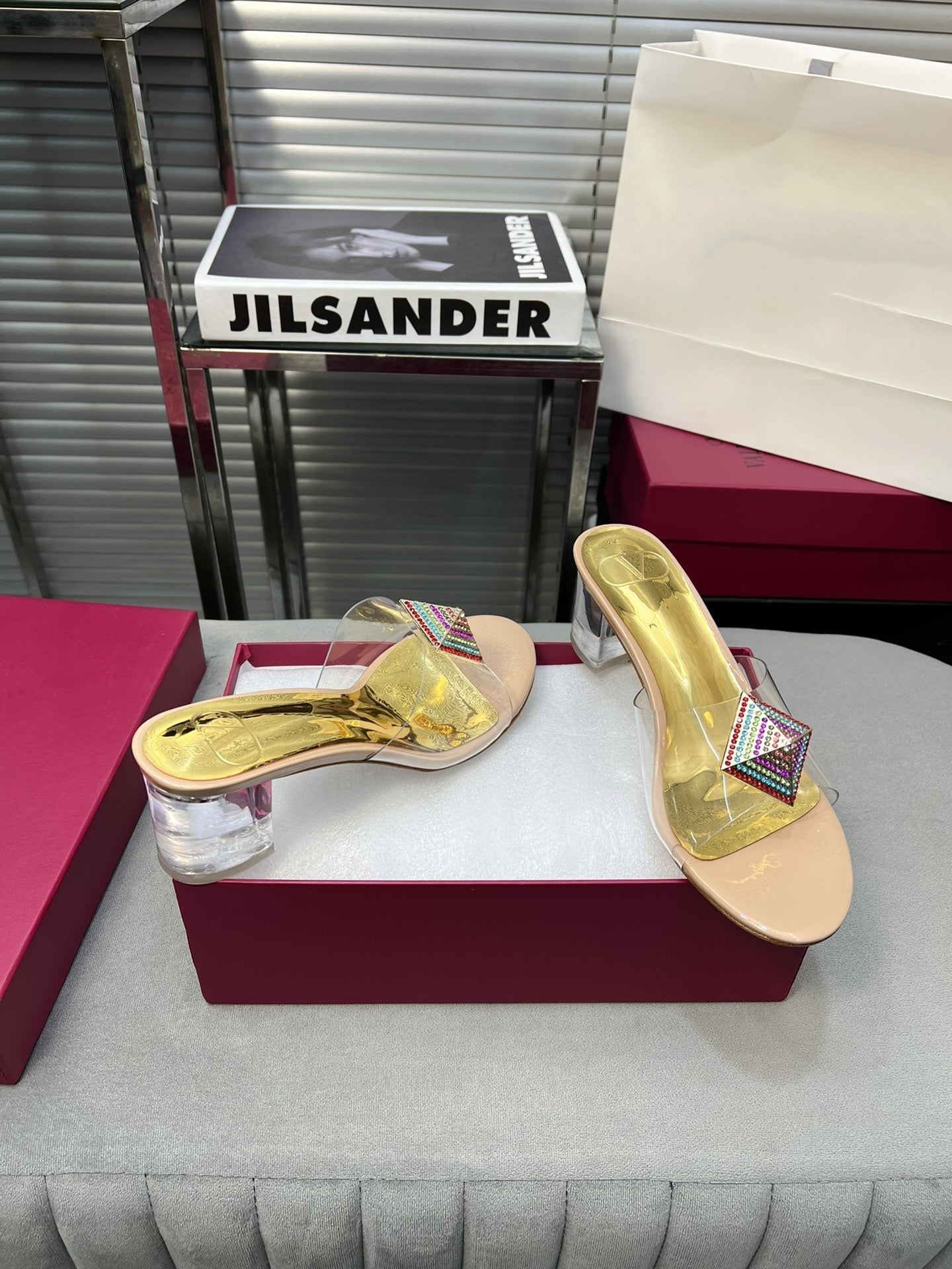 Heeled Sandals 6cm with Crystal Square Buckle Gold and Beige