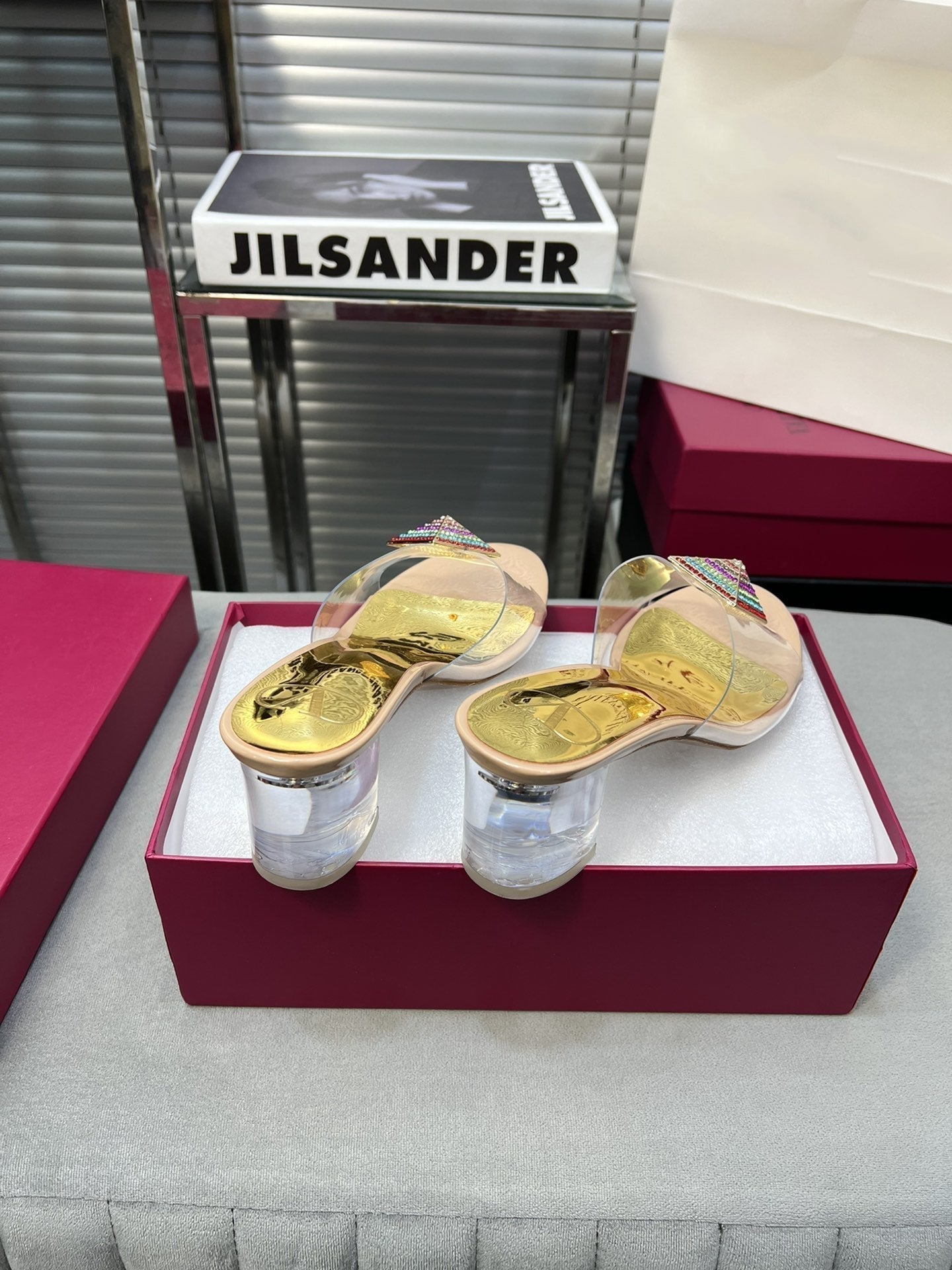 Heeled Sandals 6cm with Crystal Square Buckle Gold and Beige