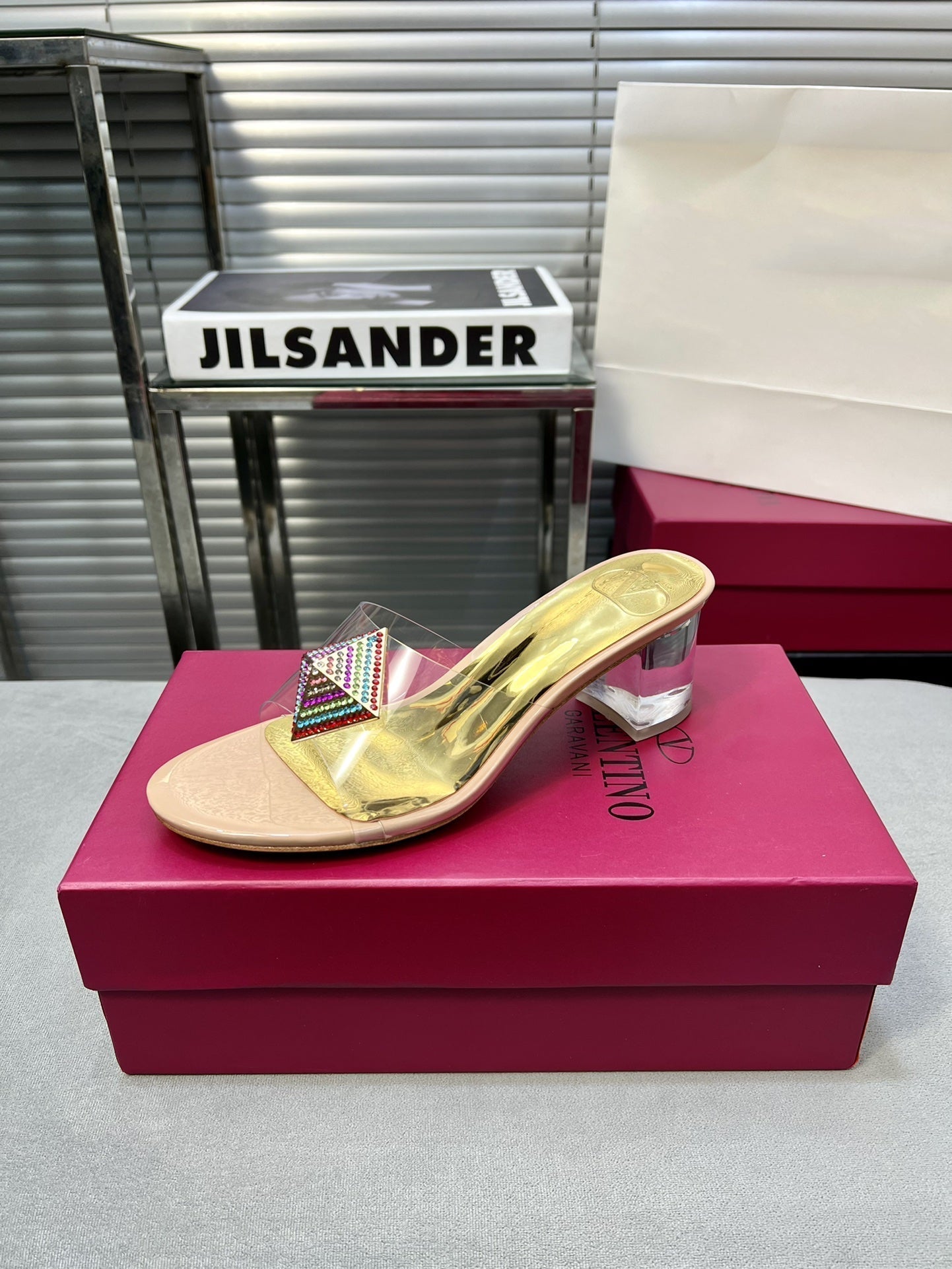 Heeled Sandals 6cm with Crystal Square Buckle Gold and Beige