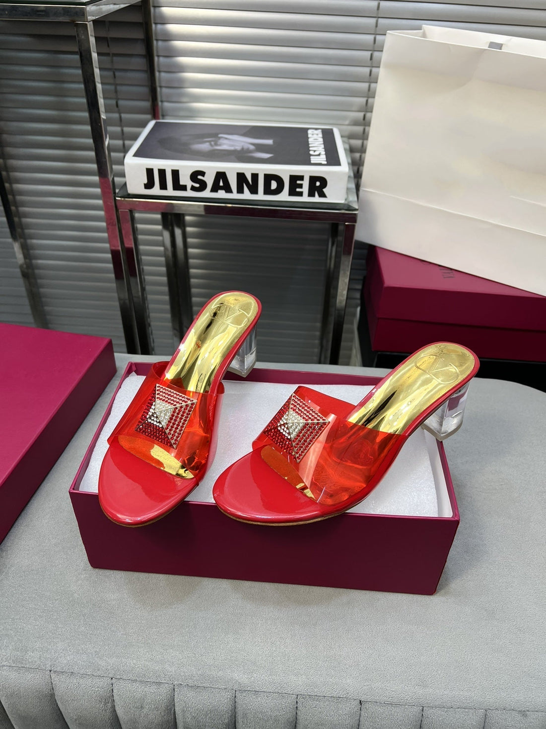 Heeled Sandals 6cm with Crystal Square Buckle Gold and Red