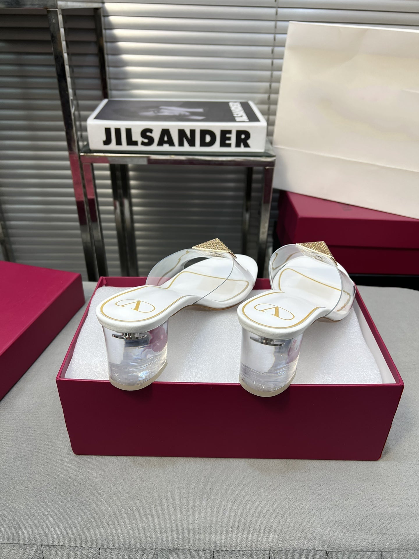 Heeled Sandals 6cm with Crystal Square Buckle White