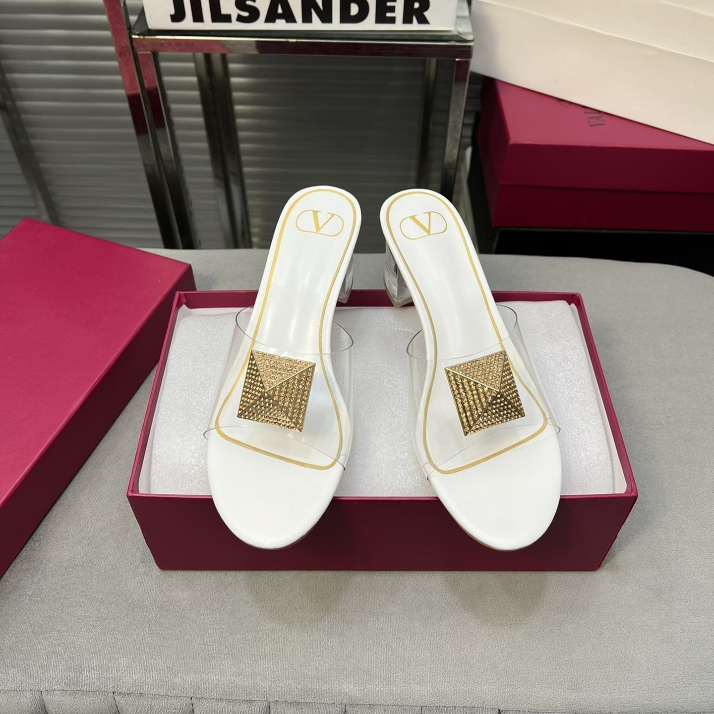 Heeled Sandals 6cm with Crystal Square Buckle White