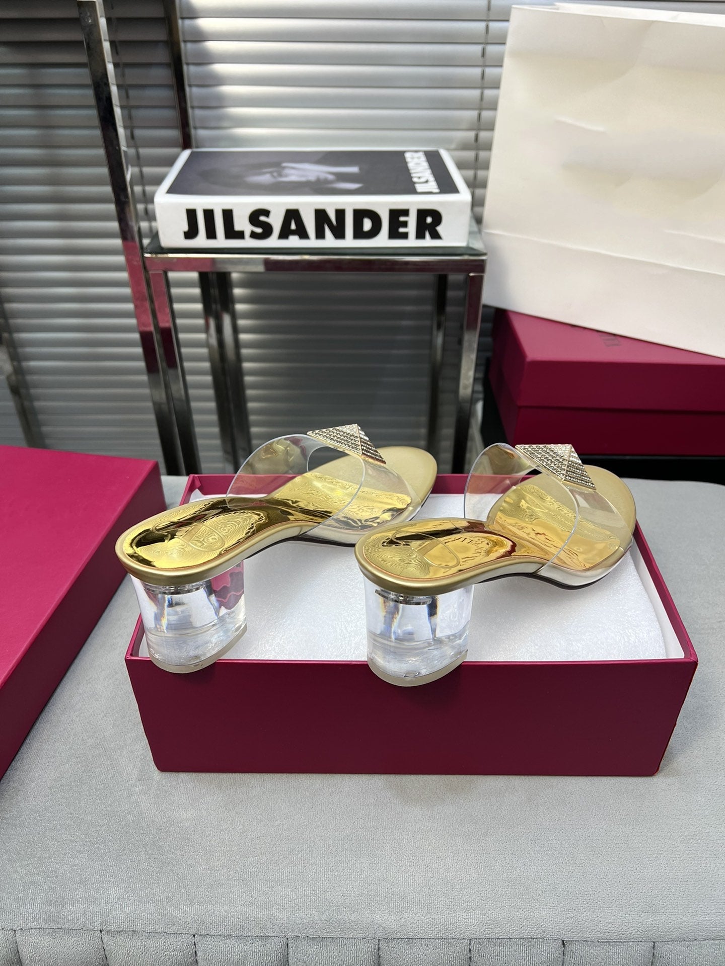 Heeled Sandals 6cm with Crystal Square Buckle Gold