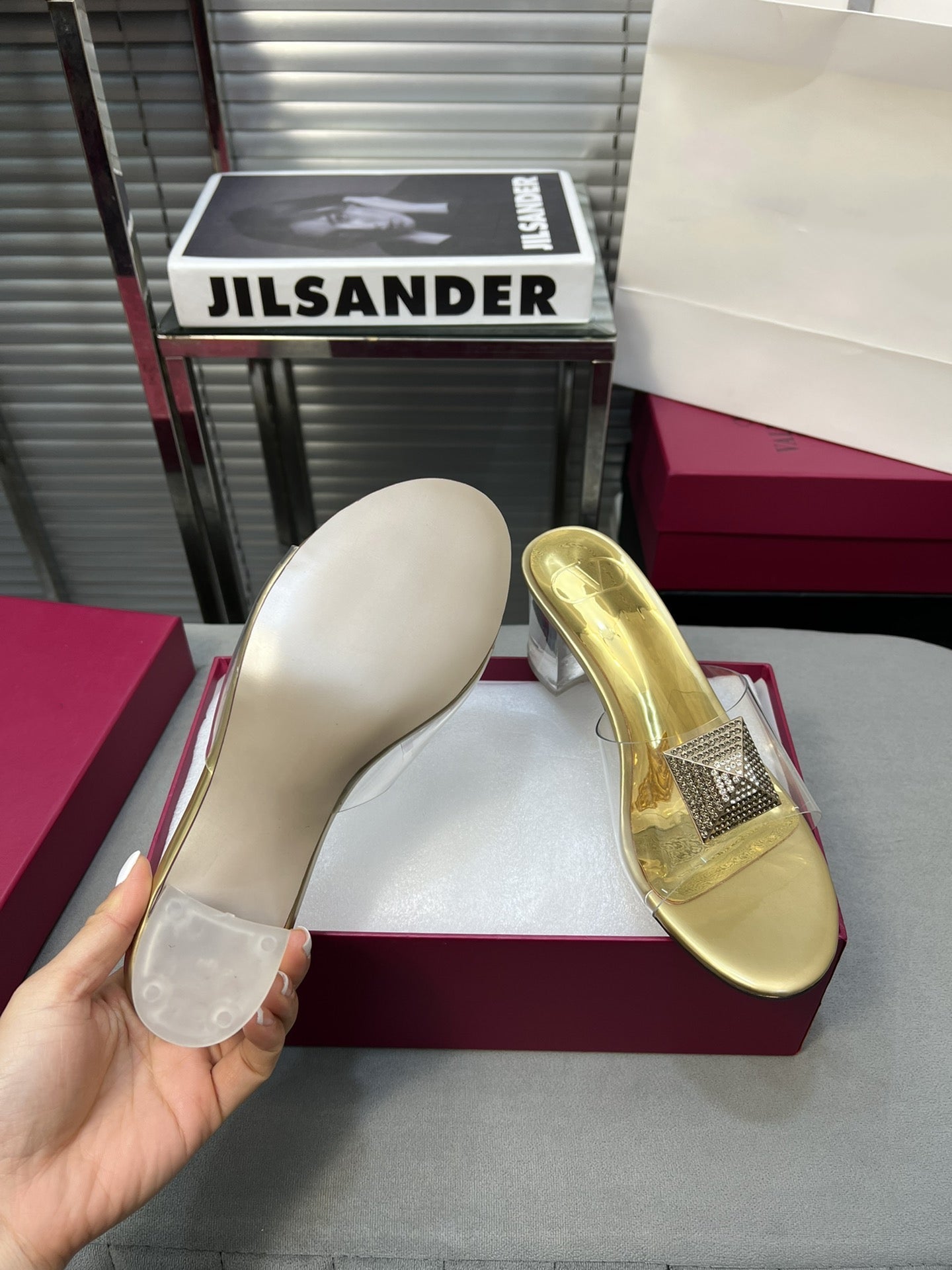 Heeled Sandals 6cm with Crystal Square Buckle Gold