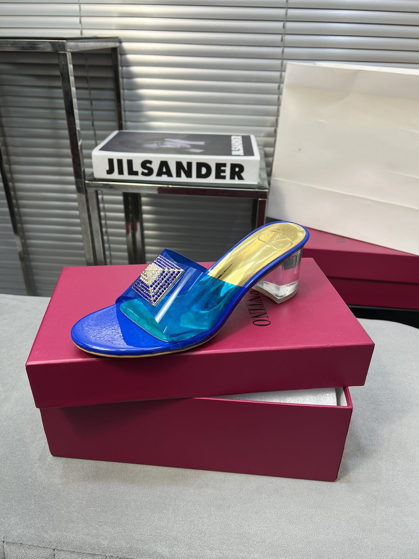 Heeled Sandals 6cm with Crystal Square Buckle Gold and Blue