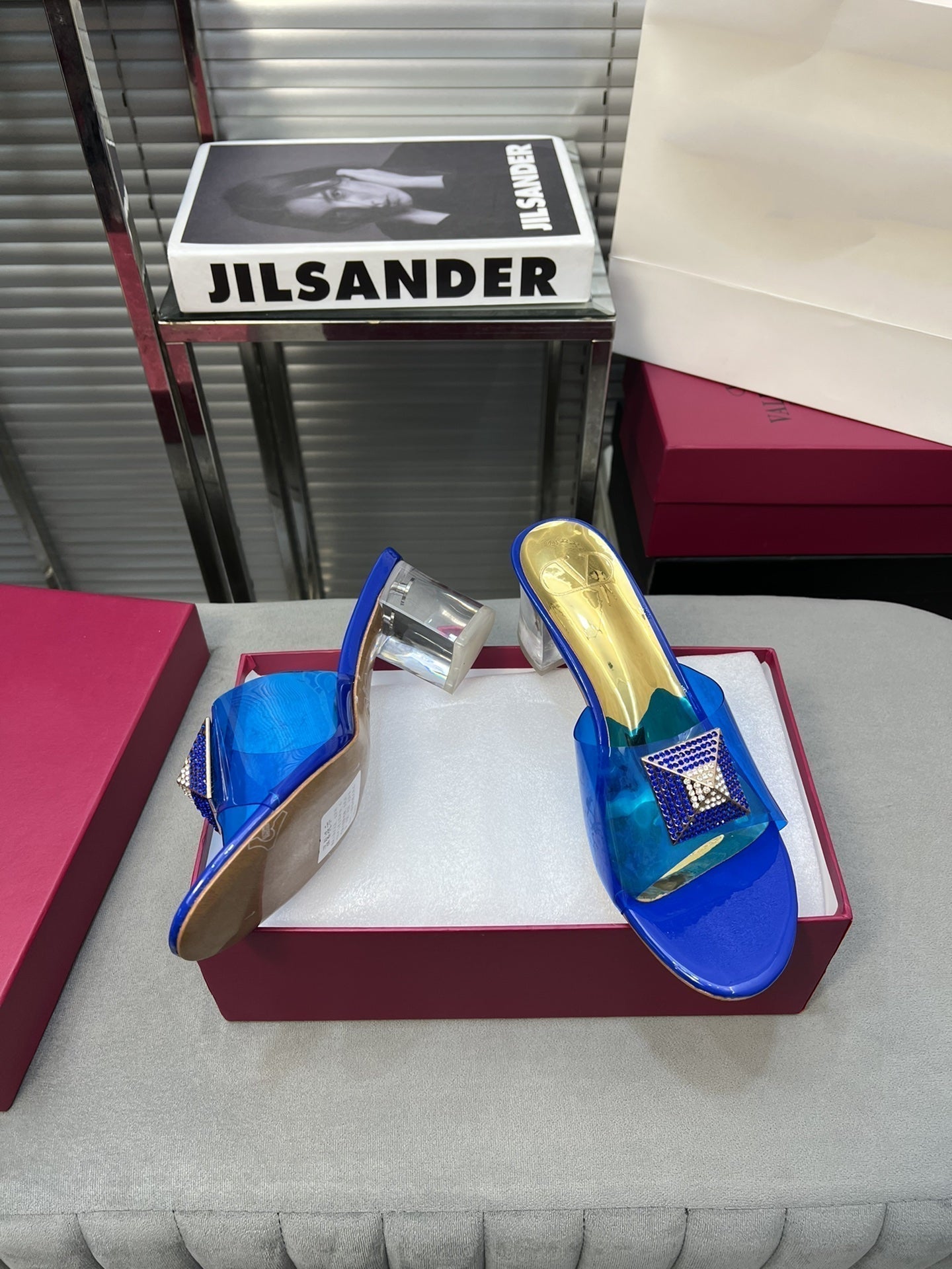 Heeled Sandals 6cm with Crystal Square Buckle Gold and Blue