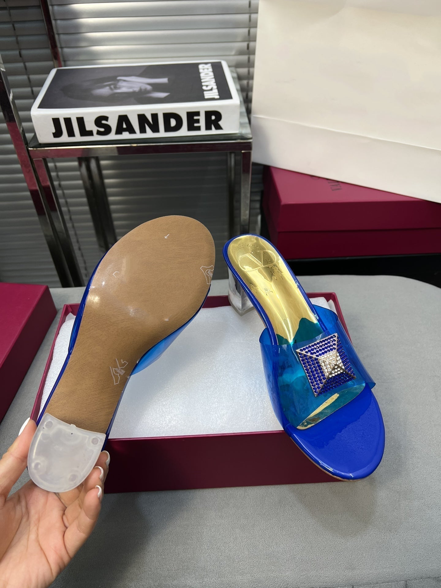 Heeled Sandals 6cm with Crystal Square Buckle Gold and Blue