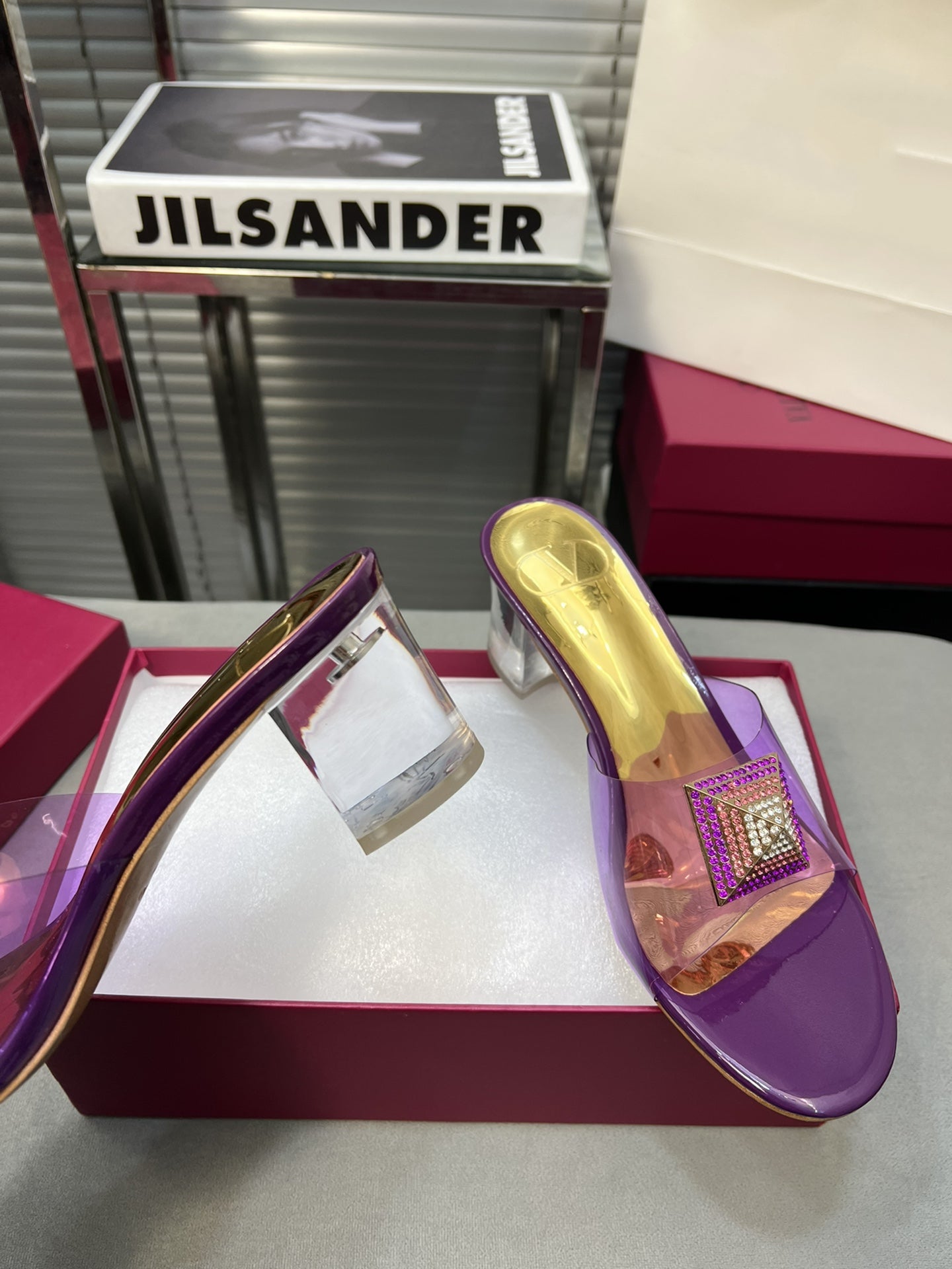 Heeled Sandals 6cm with Crystal Square Buckle Gold and Purple