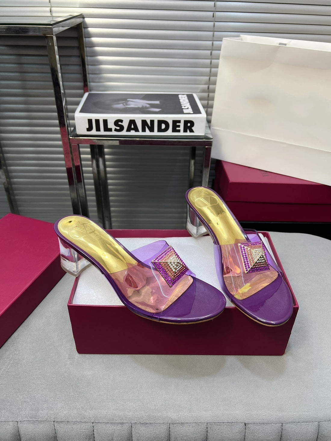 Heeled Sandals 6cm with Crystal Square Buckle Gold and Purple