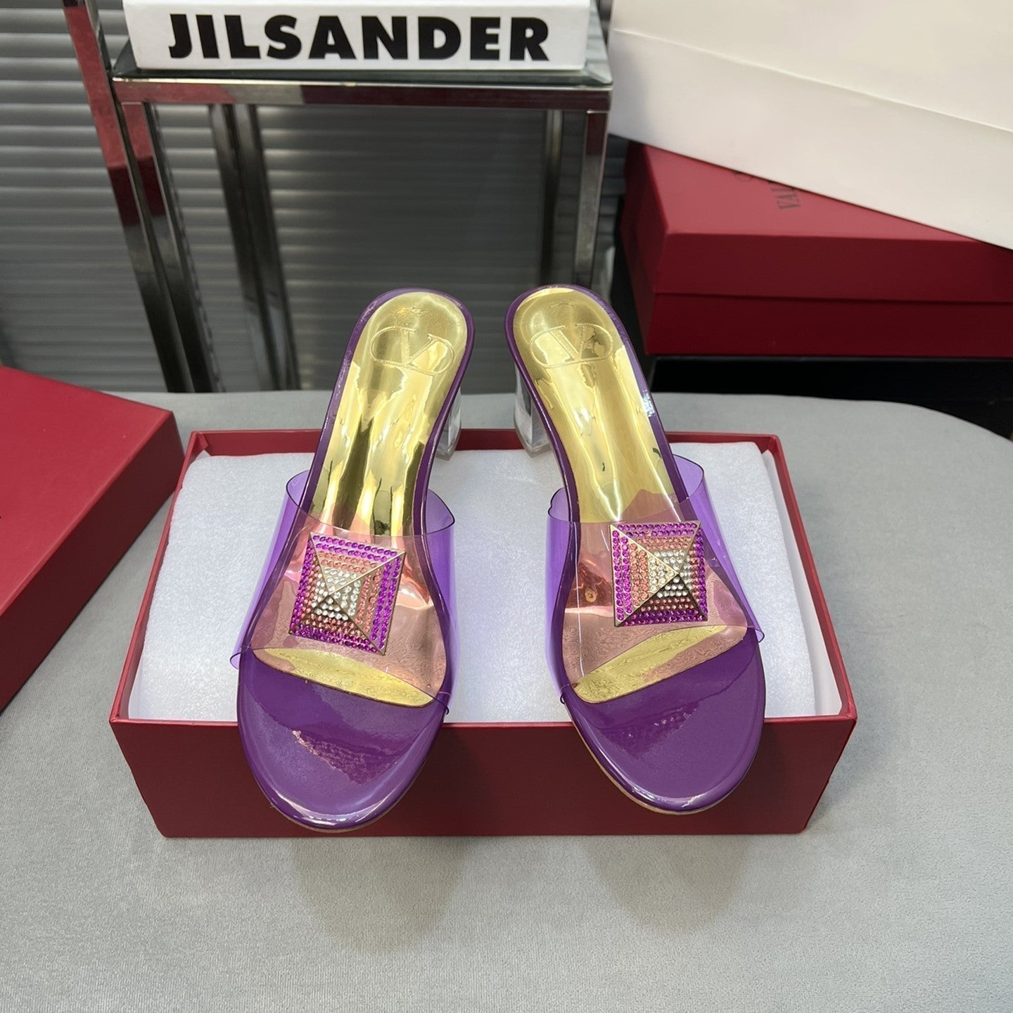 Heeled Sandals 6cm with Crystal Square Buckle Gold and Purple