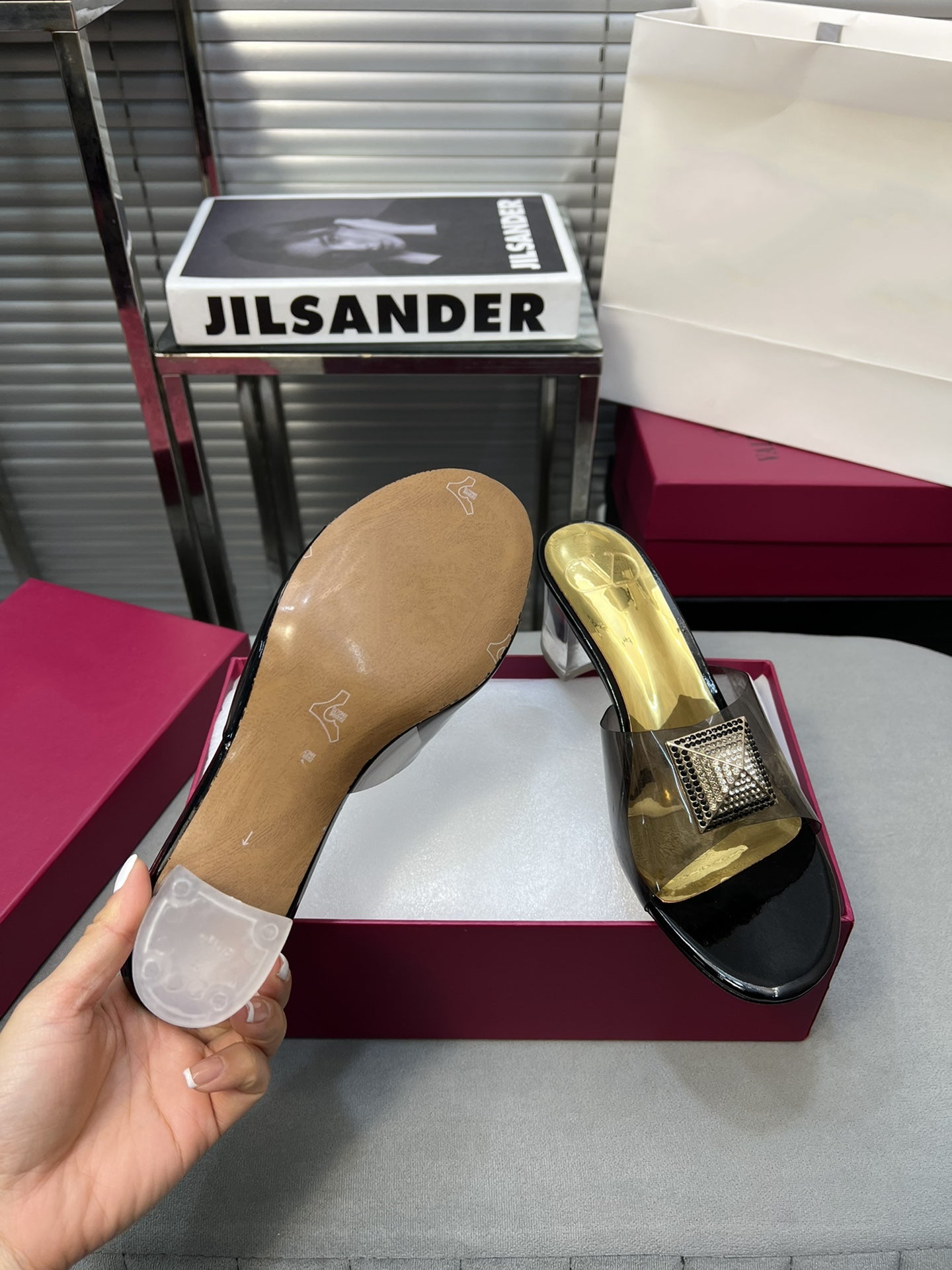 Heeled Sandals 6cm with Crystal Square Buckle Gold and Black