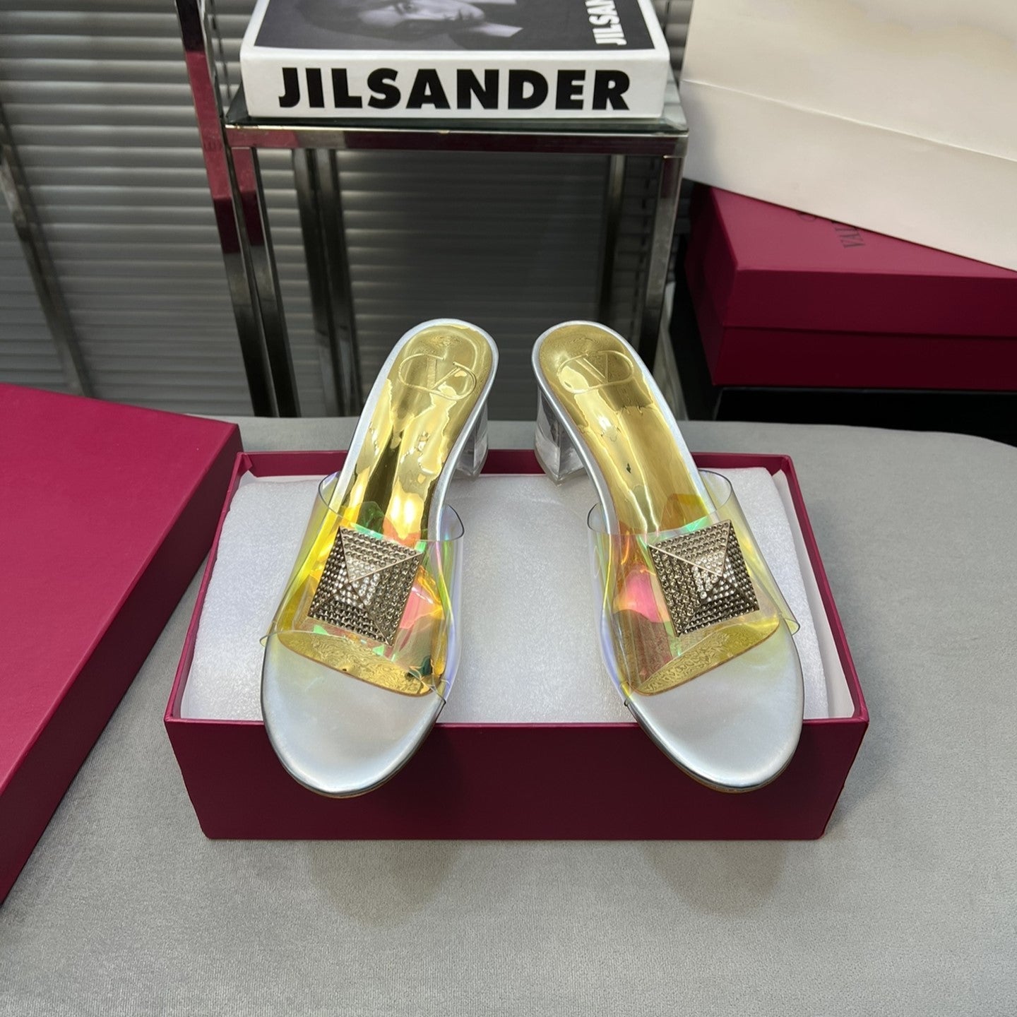 Heeled Sandals 6cm with Crystal Square Buckle Gold and Silver