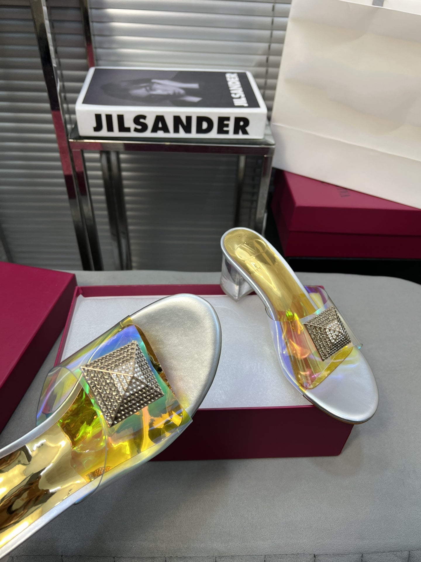 Heeled Sandals 6cm with Crystal Square Buckle Gold and Silver