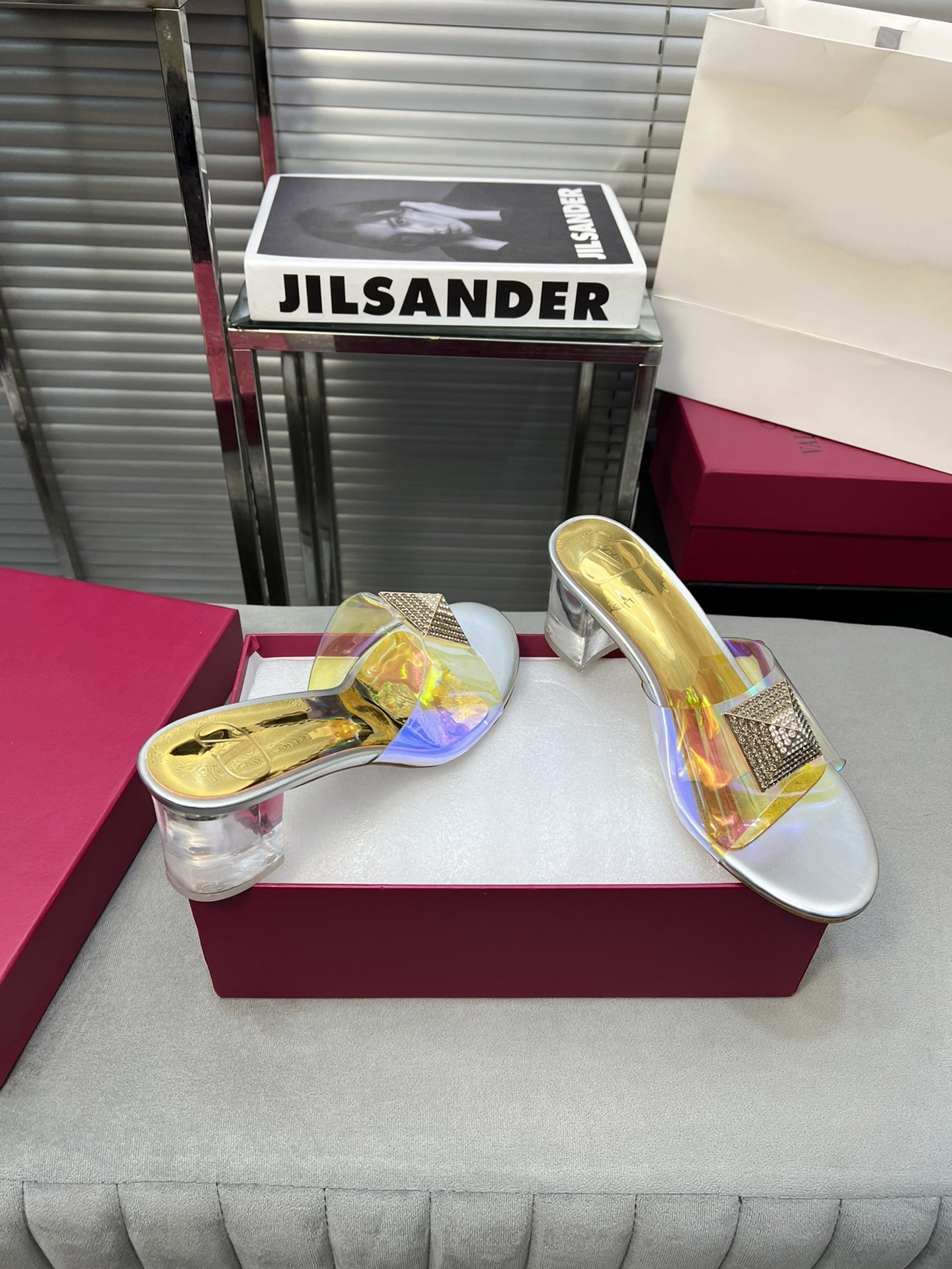 Heeled Sandals 6cm with Crystal Square Buckle Gold and Silver