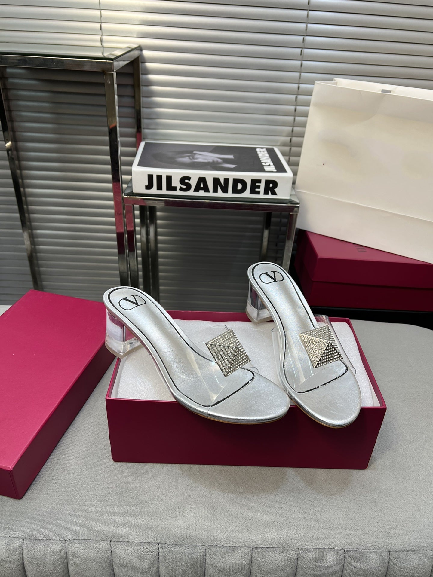 Heeled Sandals 6cm with Crystal Square Buckle Silver