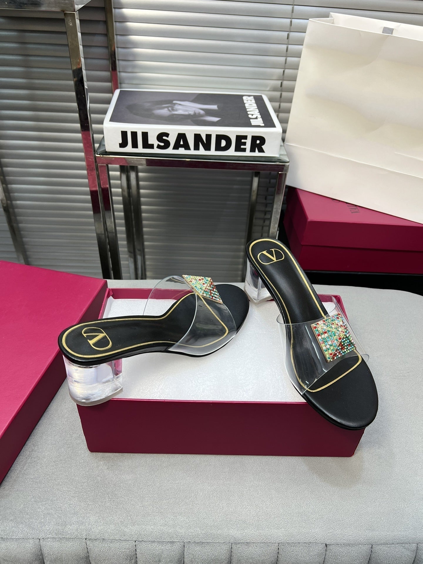 Heeled Sandals 6cm with Crystal Square Buckle Black