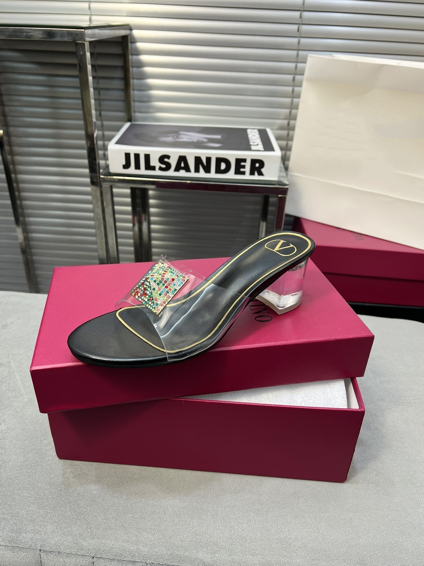 Heeled Sandals 6cm with Crystal Square Buckle Black