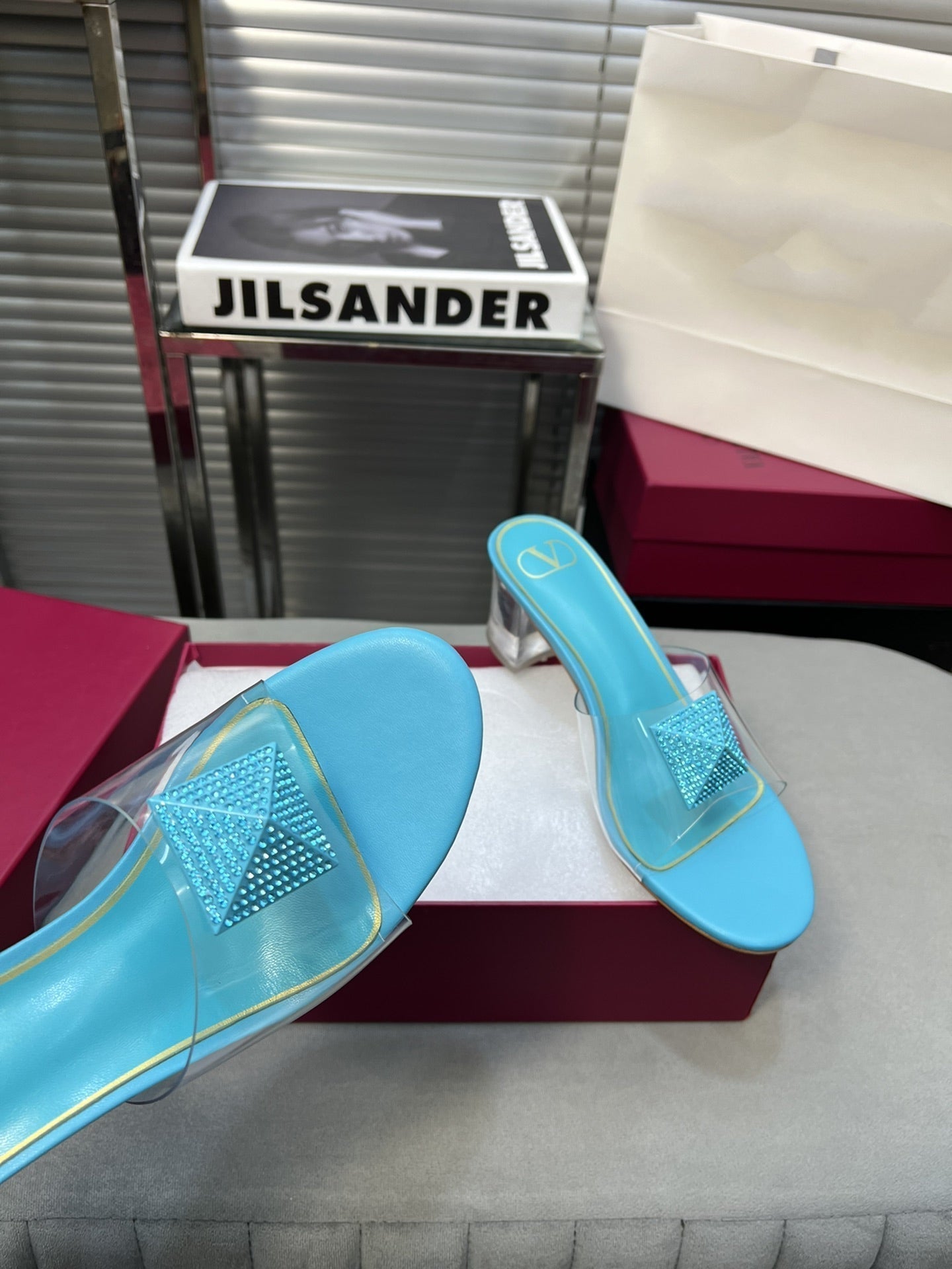 Heeled Sandals 6cm with Crystal Square Buckle Blue Sky