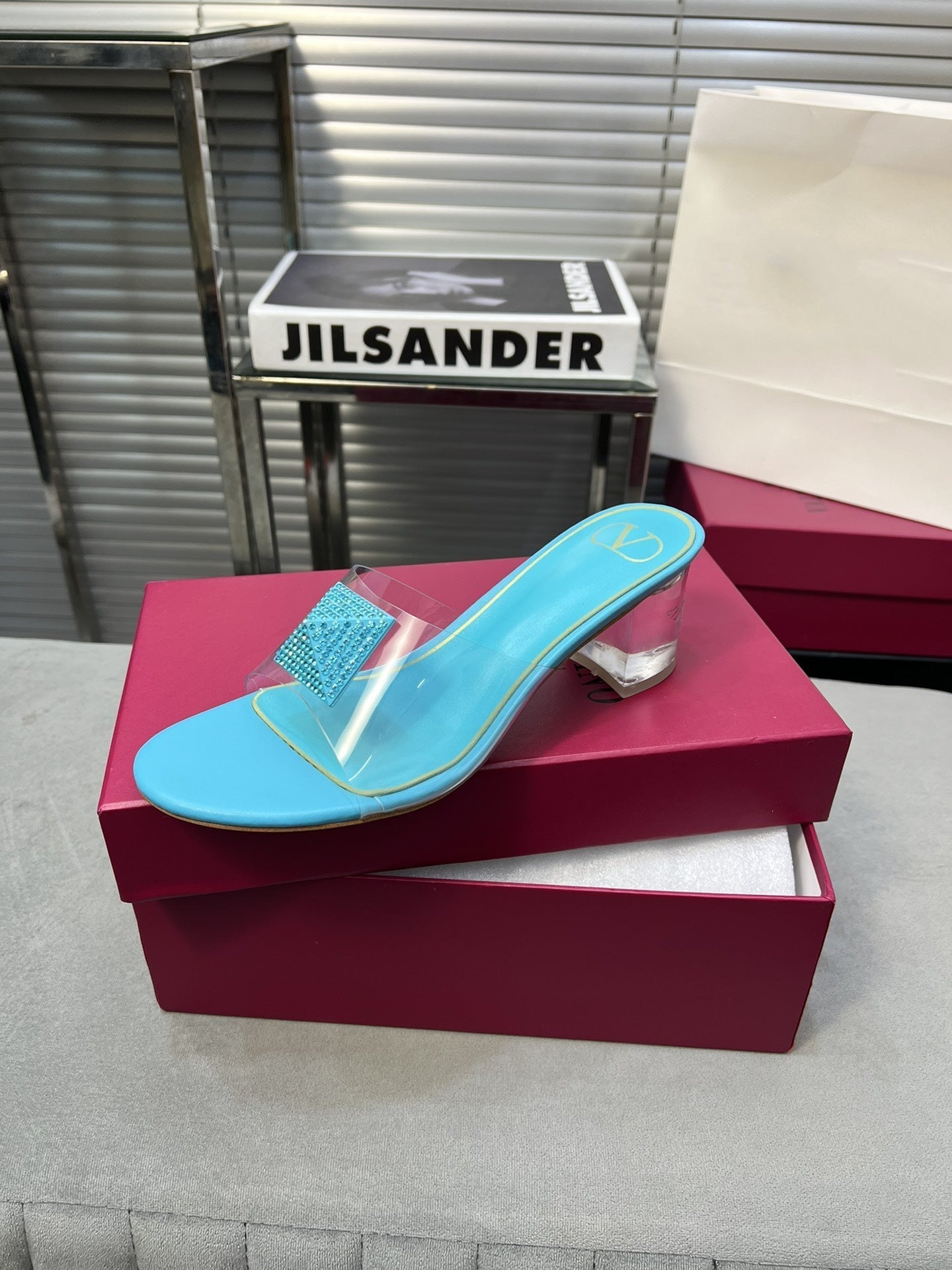 Heeled Sandals 6cm with Crystal Square Buckle Blue Sky