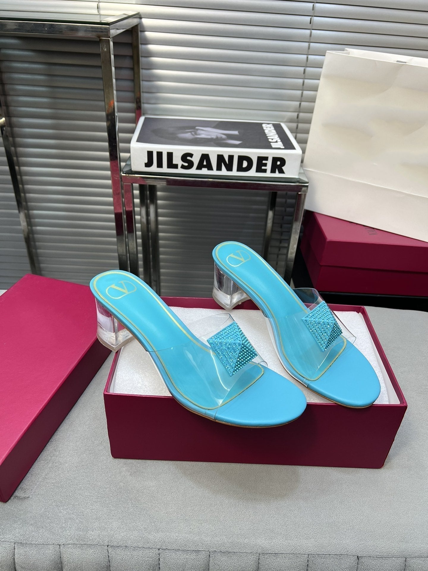 Heeled Sandals 6cm with Crystal Square Buckle Blue Sky