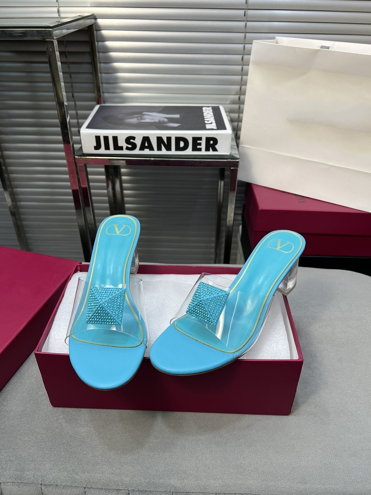 Heeled Sandals 6cm with Crystal Square Buckle Blue Sky