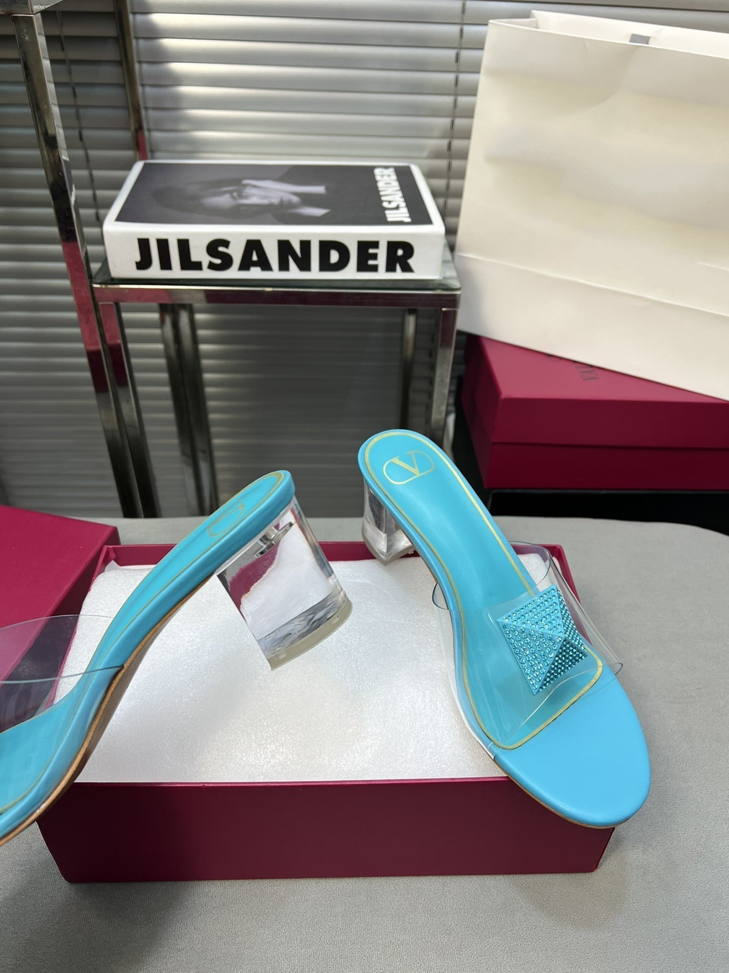 Heeled Sandals 6cm with Crystal Square Buckle Blue Sky