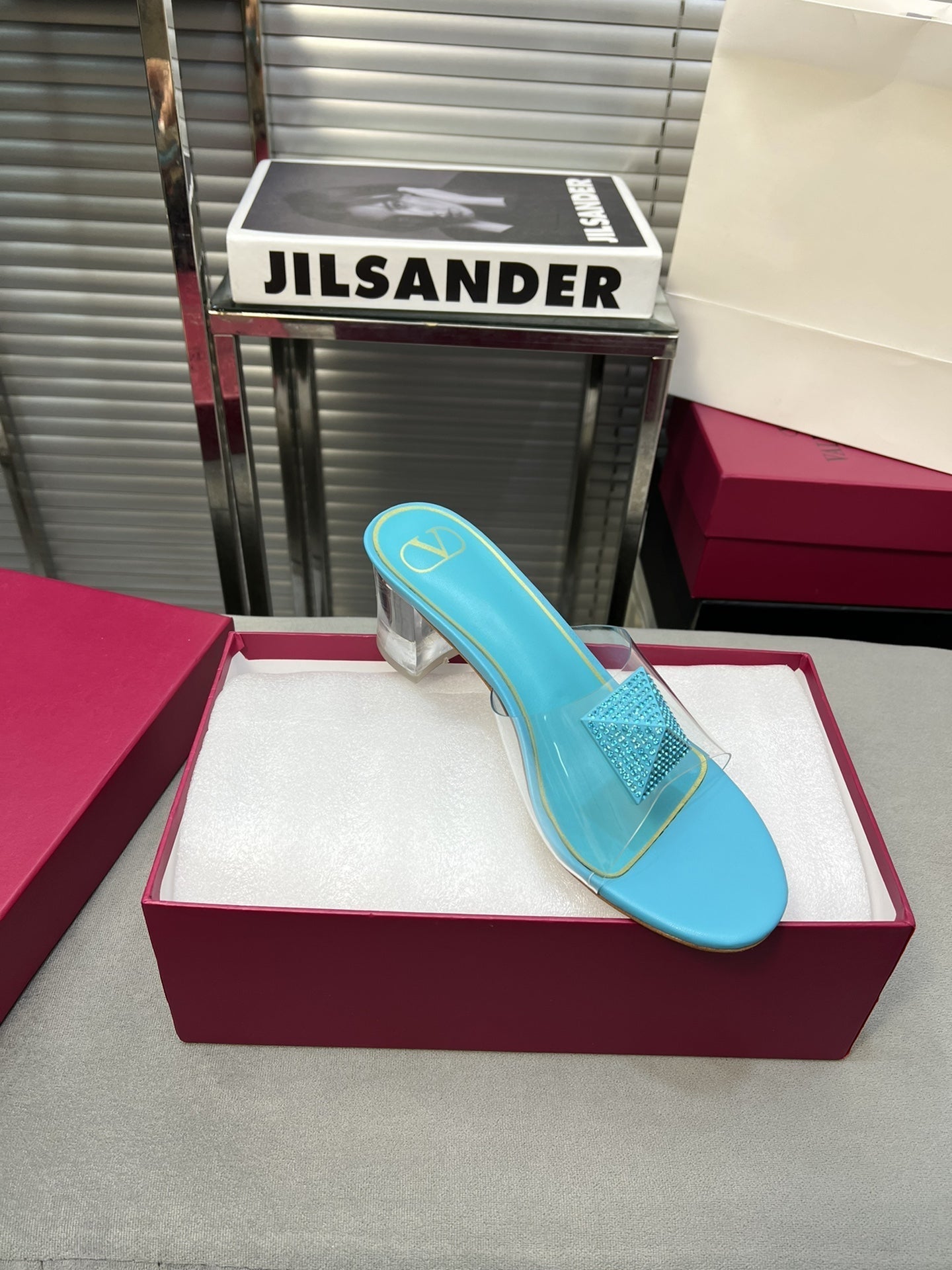 Heeled Sandals 6cm with Crystal Square Buckle Blue Sky