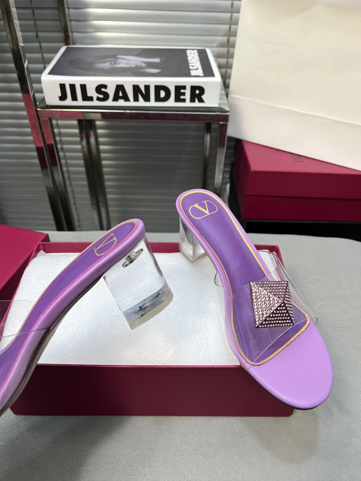 Heeled Sandals 6cm with Crystal Square Buckle Purple