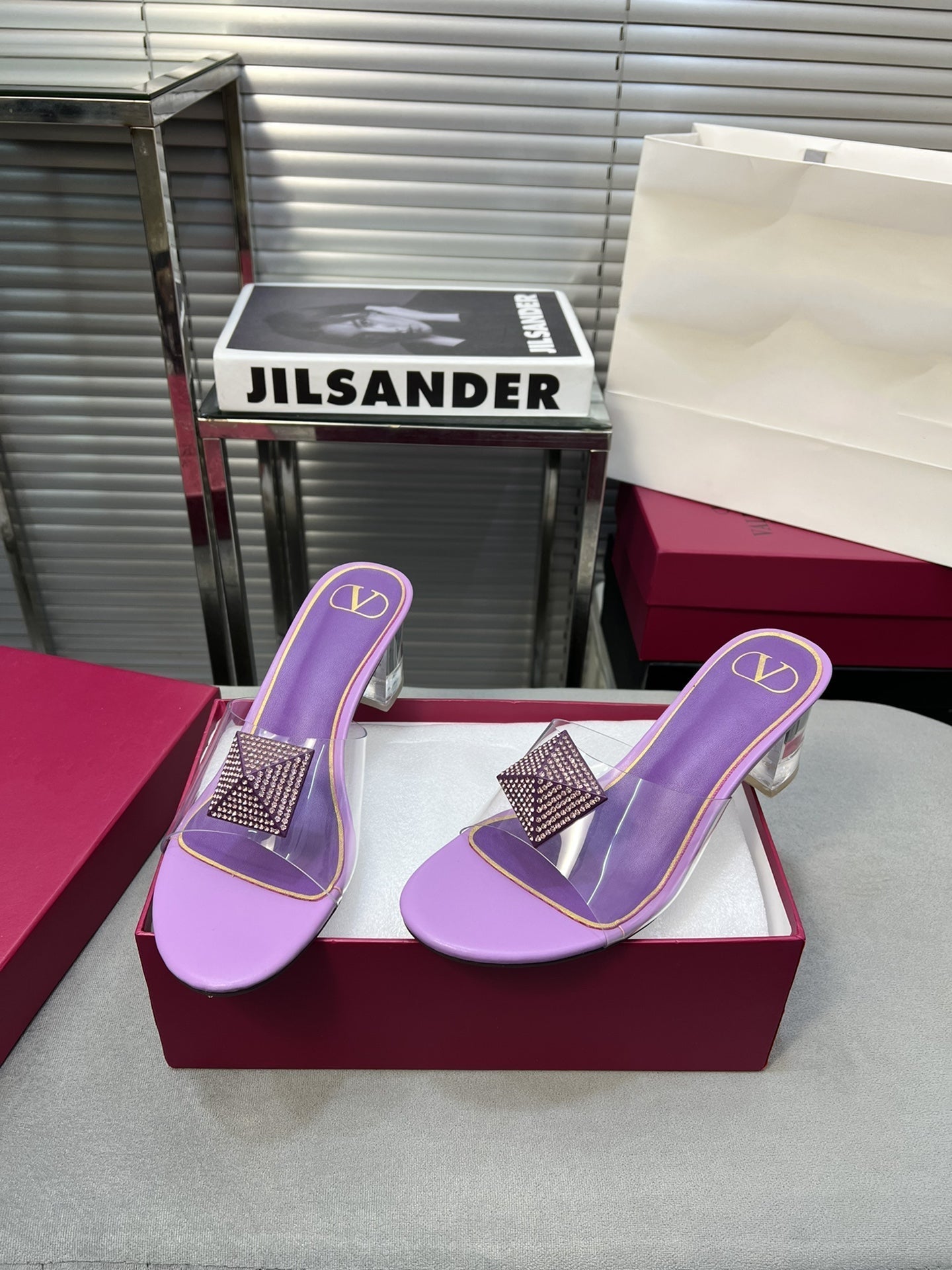 Heeled Sandals 6cm with Crystal Square Buckle Purple