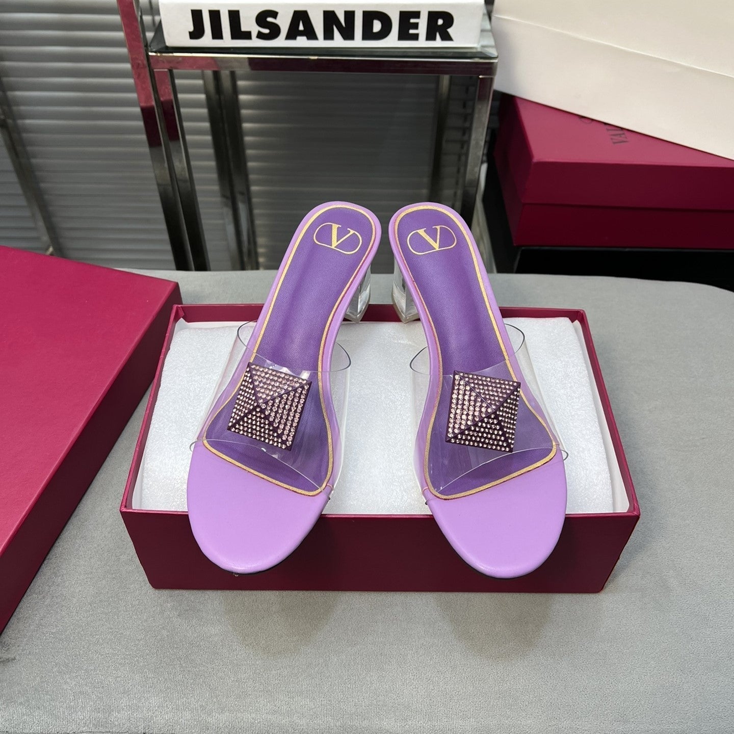 Heeled Sandals 6cm with Crystal Square Buckle Purple