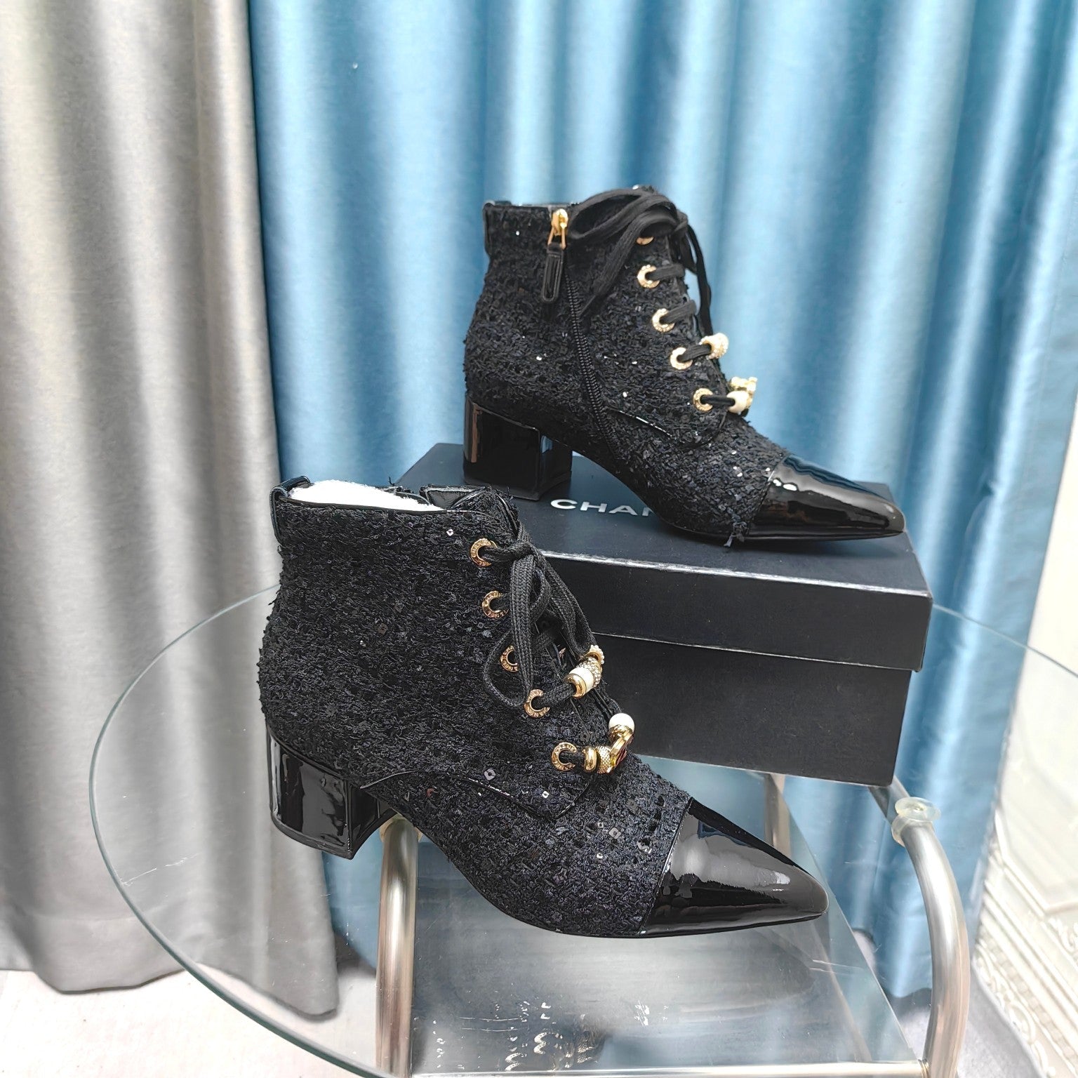 CC Ankle Boots Black Tweed Fabric And Lambskin