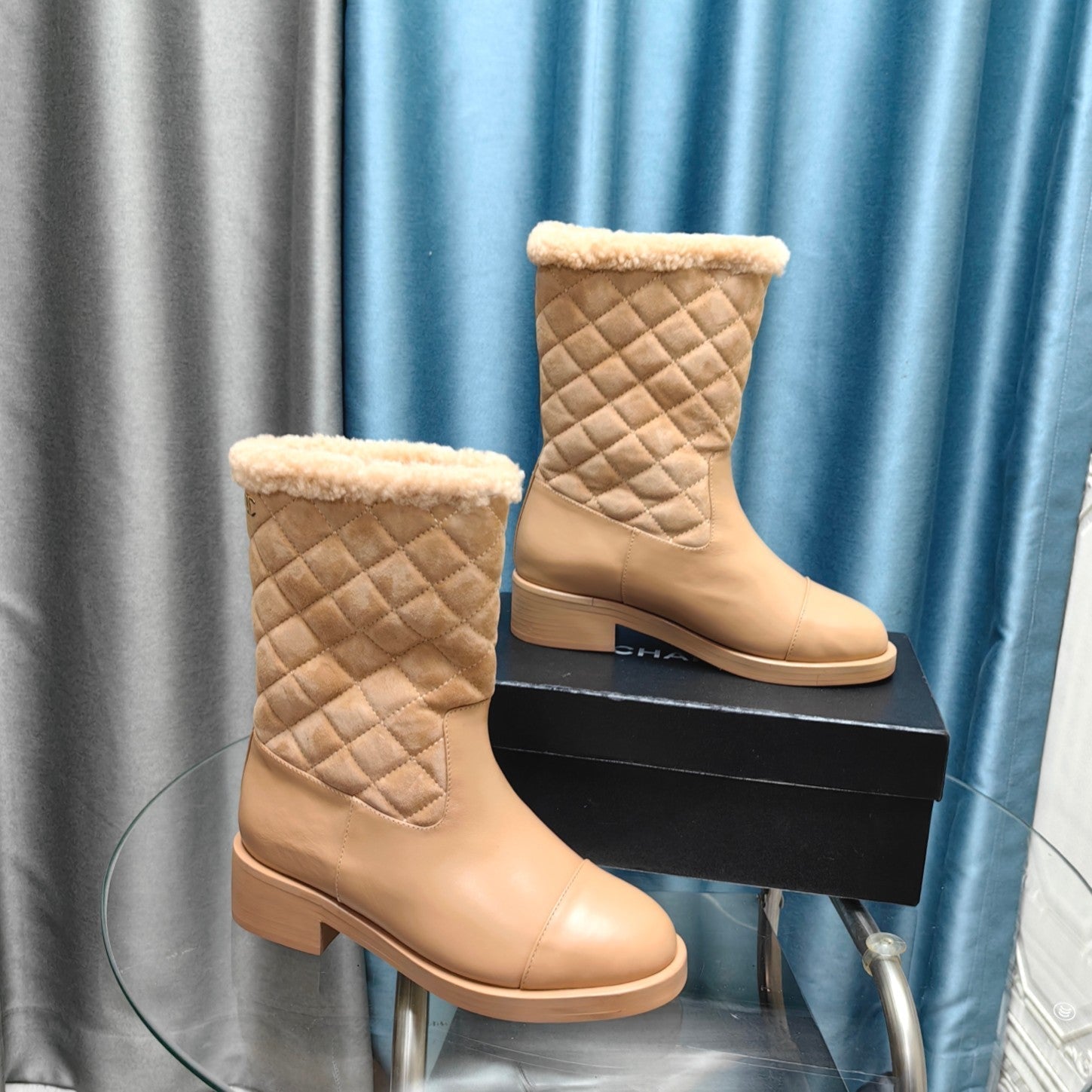 CC Short Boots Beige Suede Lining Wool And Lambskin
