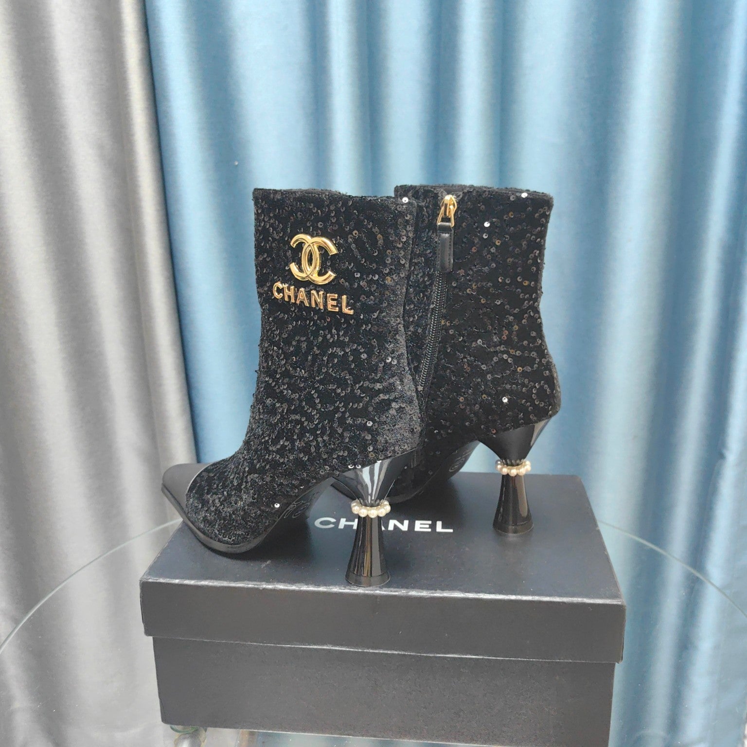 CC Ankle Boots Black Beaded Fabric And Cowhide