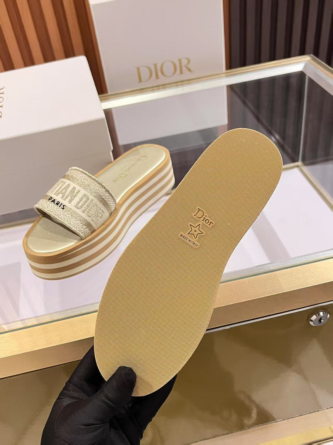 CD Dway Platform Slide Beige Brown Fabric with Lambskin 242442