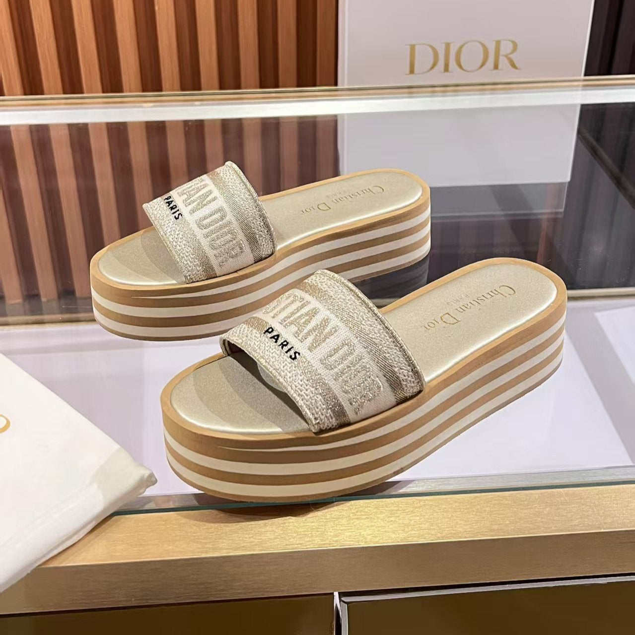 CD Dway Platform Slide Beige Brown Fabric with Lambskin 242442