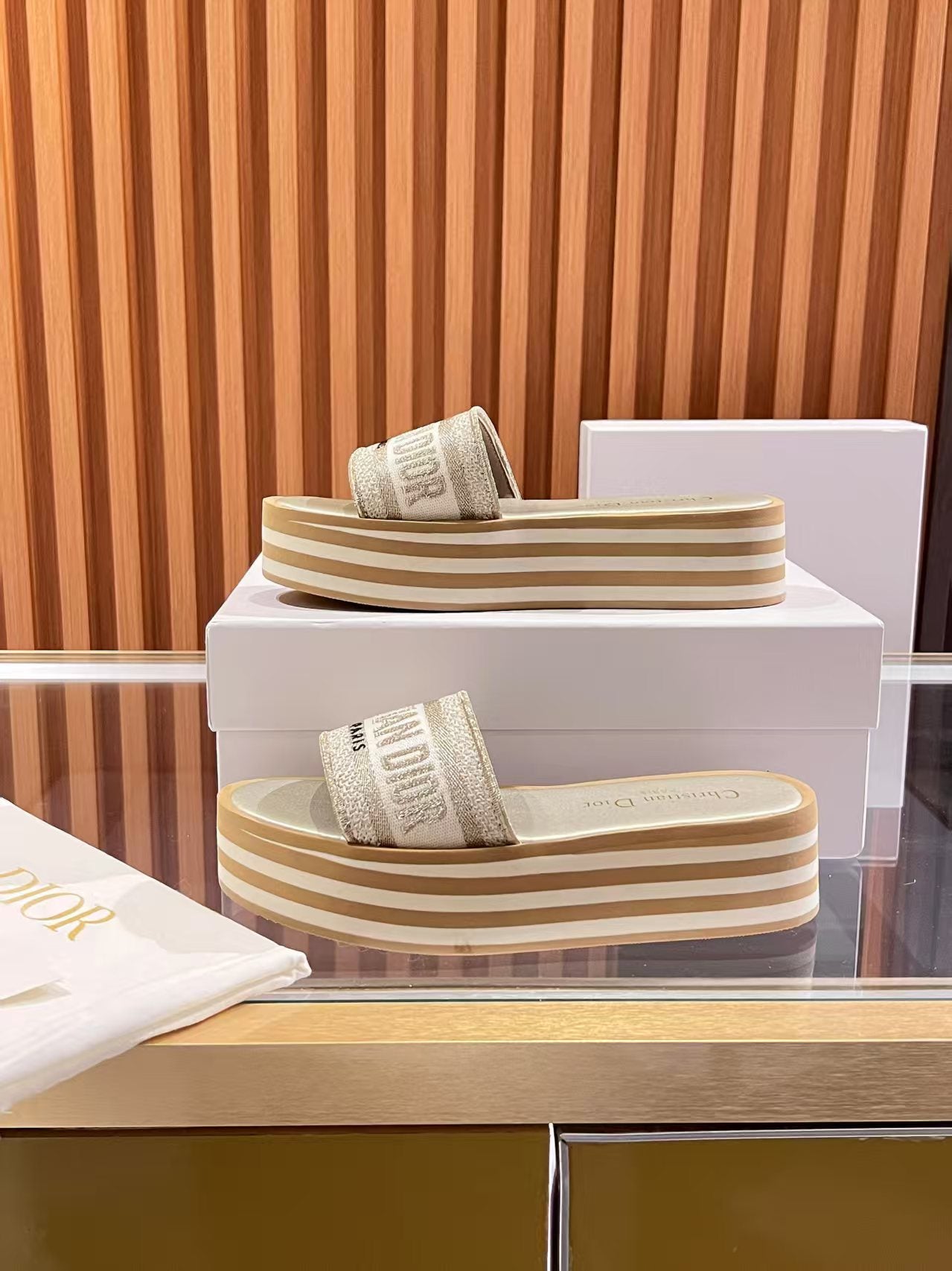 CD Dway Platform Slide Beige Brown Fabric with Lambskin 242442