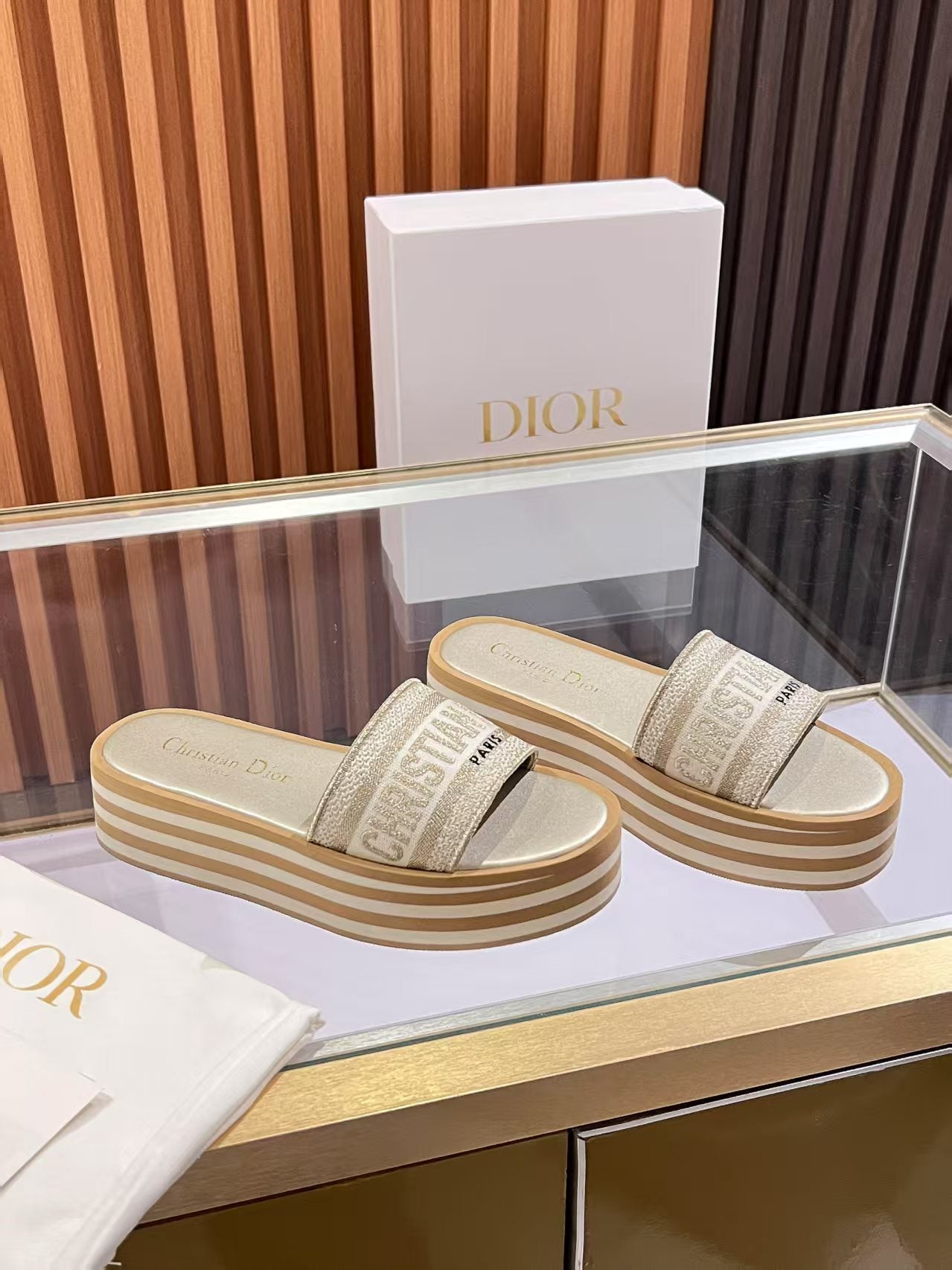 CD Dway Platform Slide Beige Brown Fabric with Lambskin 242442