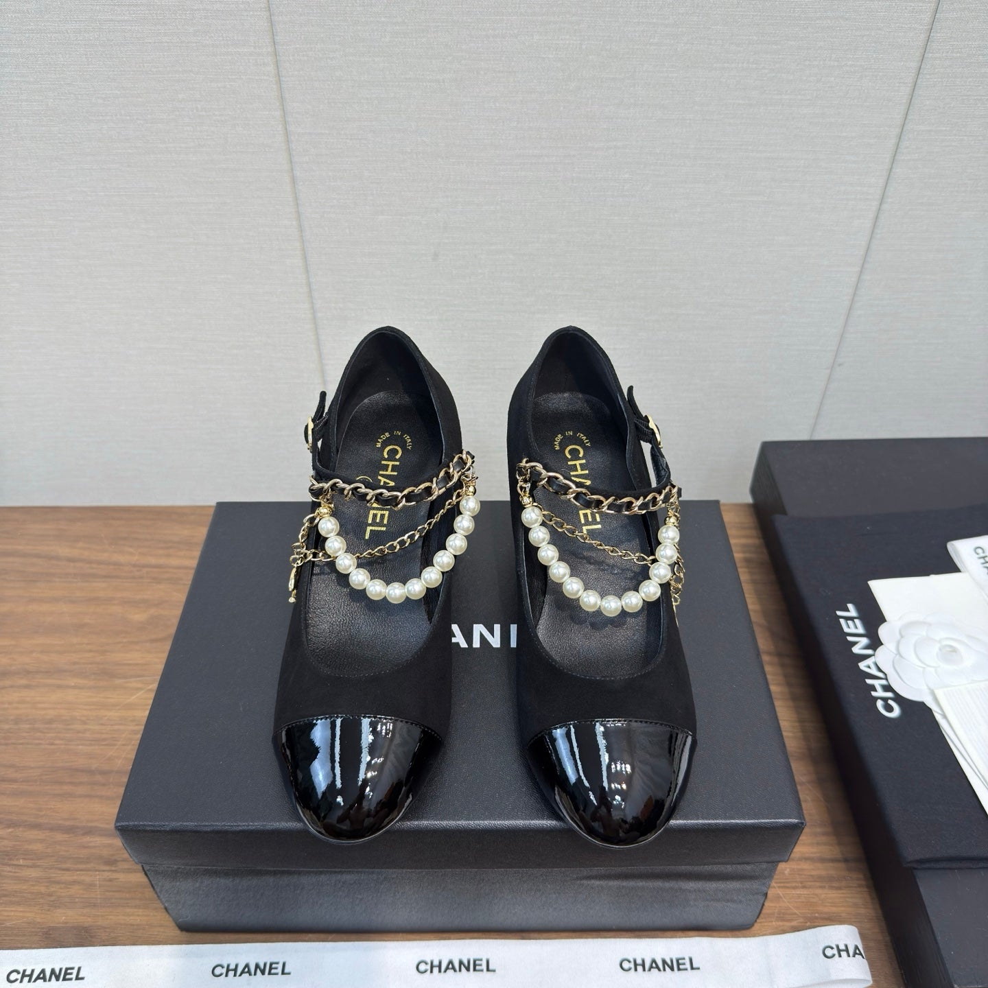 Chanel 25 Mary Jane Ankle Chain Pump Black Suede Cowhide 465599